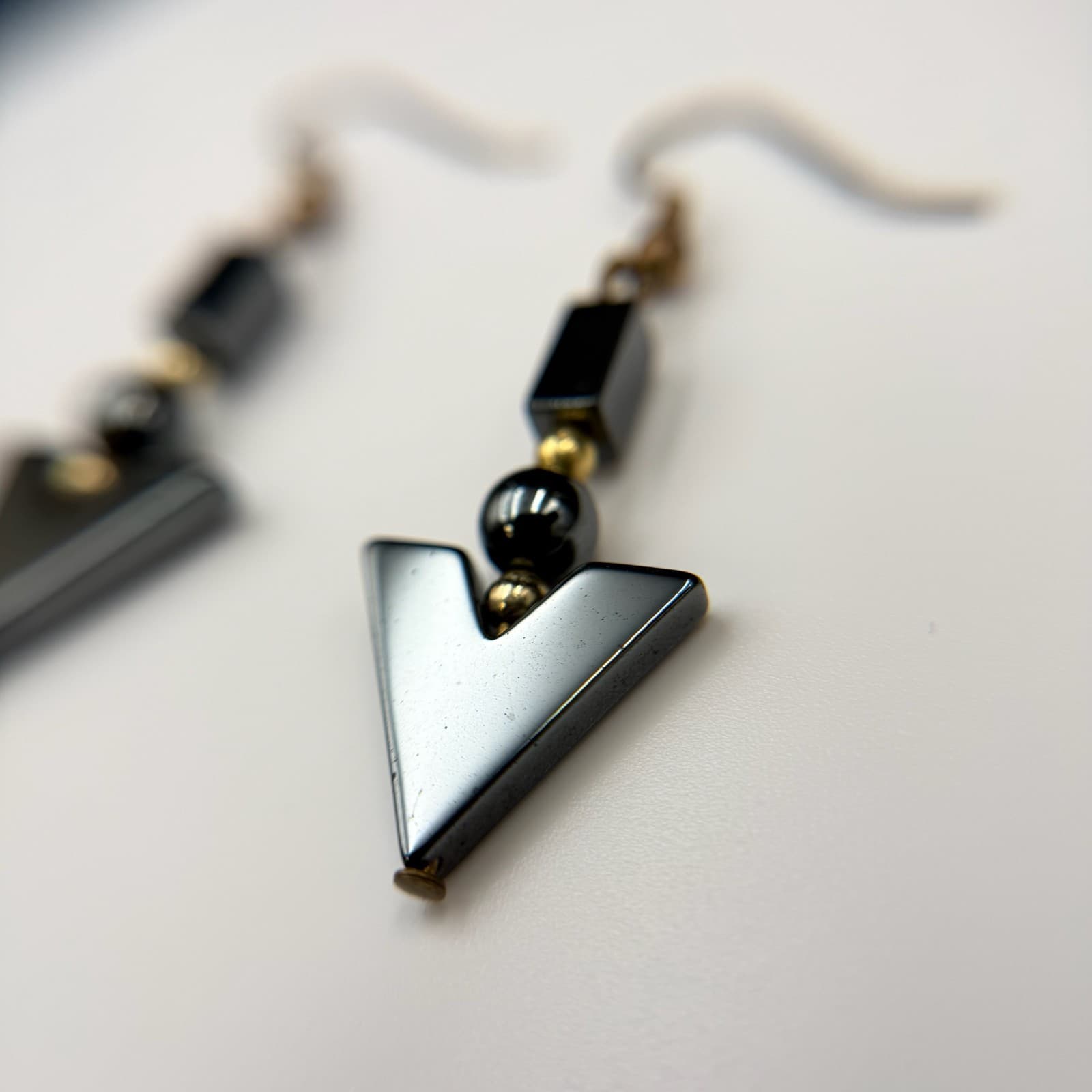 Vintage Black Hematite Geometric Gold-Toned Fashion Dangle Drop Hook Earrings - Thumbnail 9