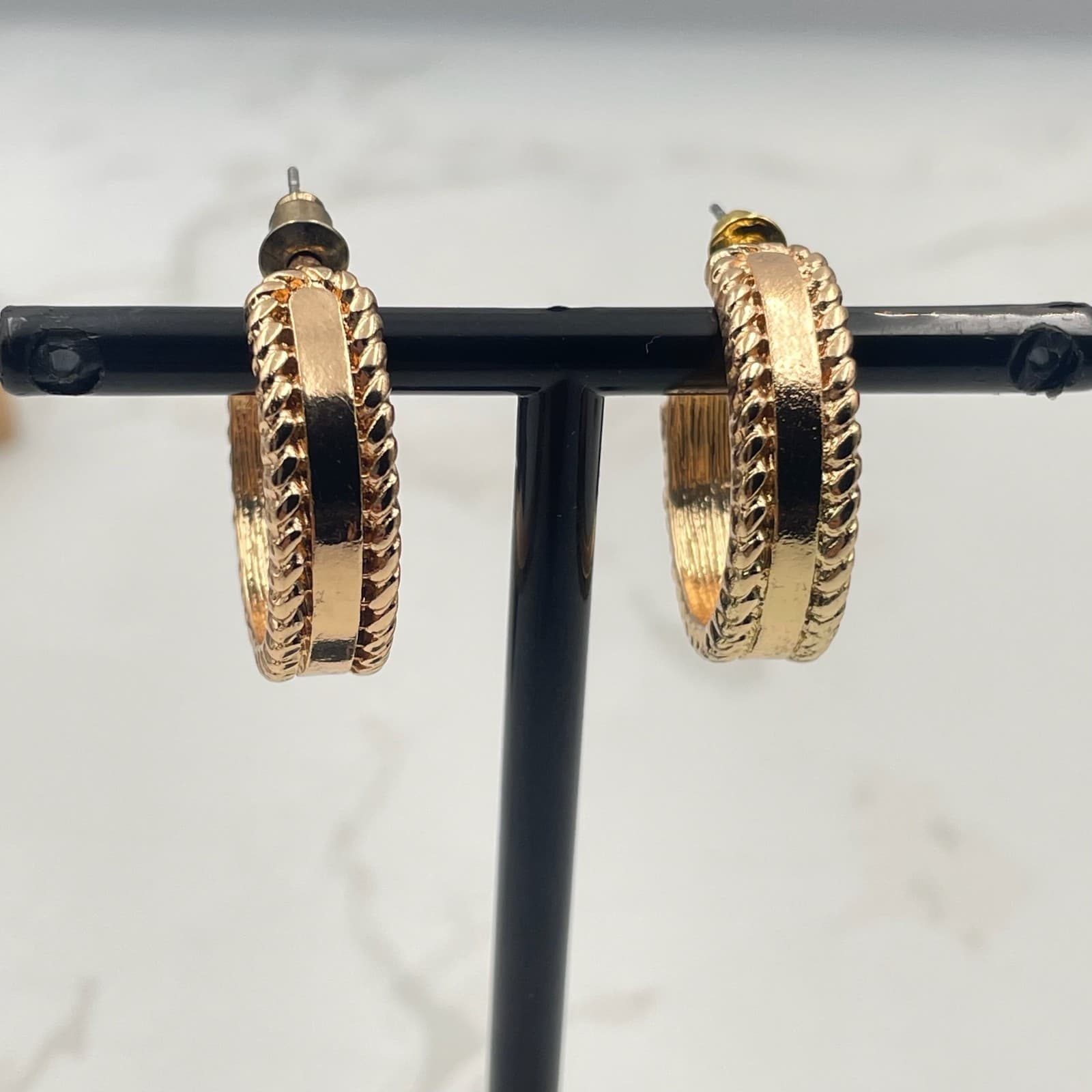 Vintage VTG Gold Tone Wide Hoops Earrings Rope Edge Dome Chunky Post Back - Image 1