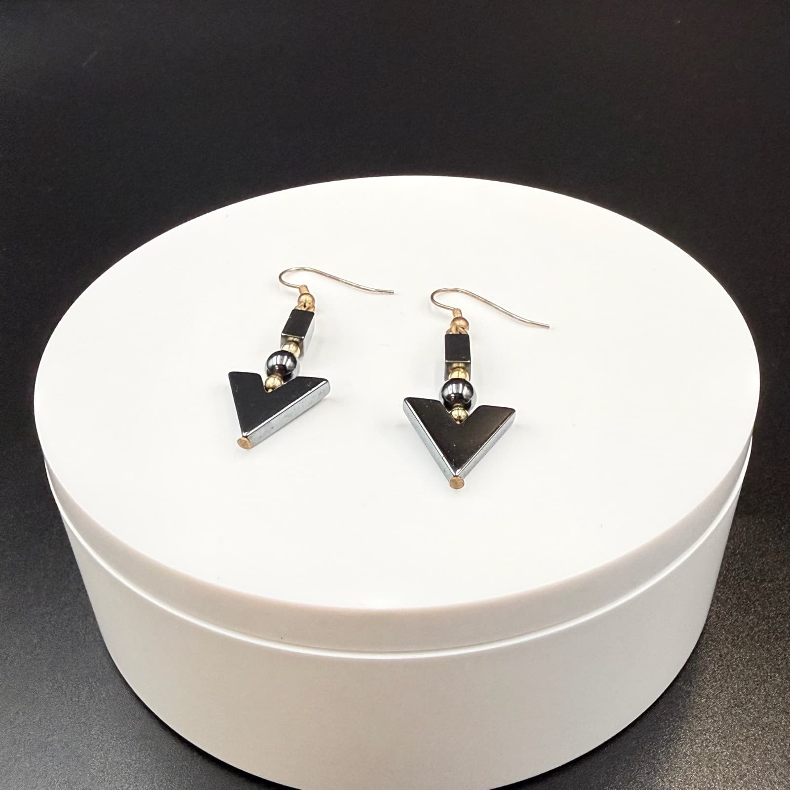 Vintage Black Hematite Geometric Gold-Toned Fashion Dangle Drop Hook Earrings - Thumbnail 7