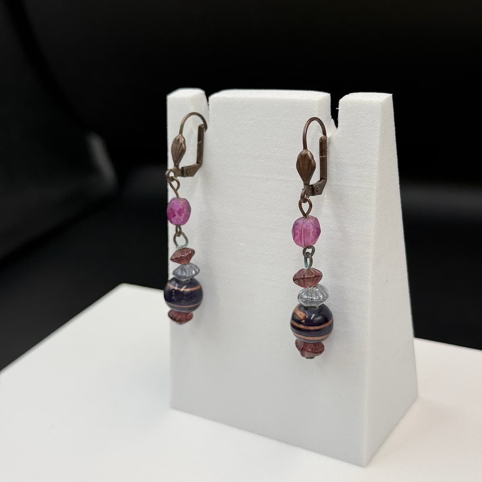 Vintage Purple Glass Lever-Back Beaded Dangle Drop Fashion Bohemian Earrings - Thumbnail 6