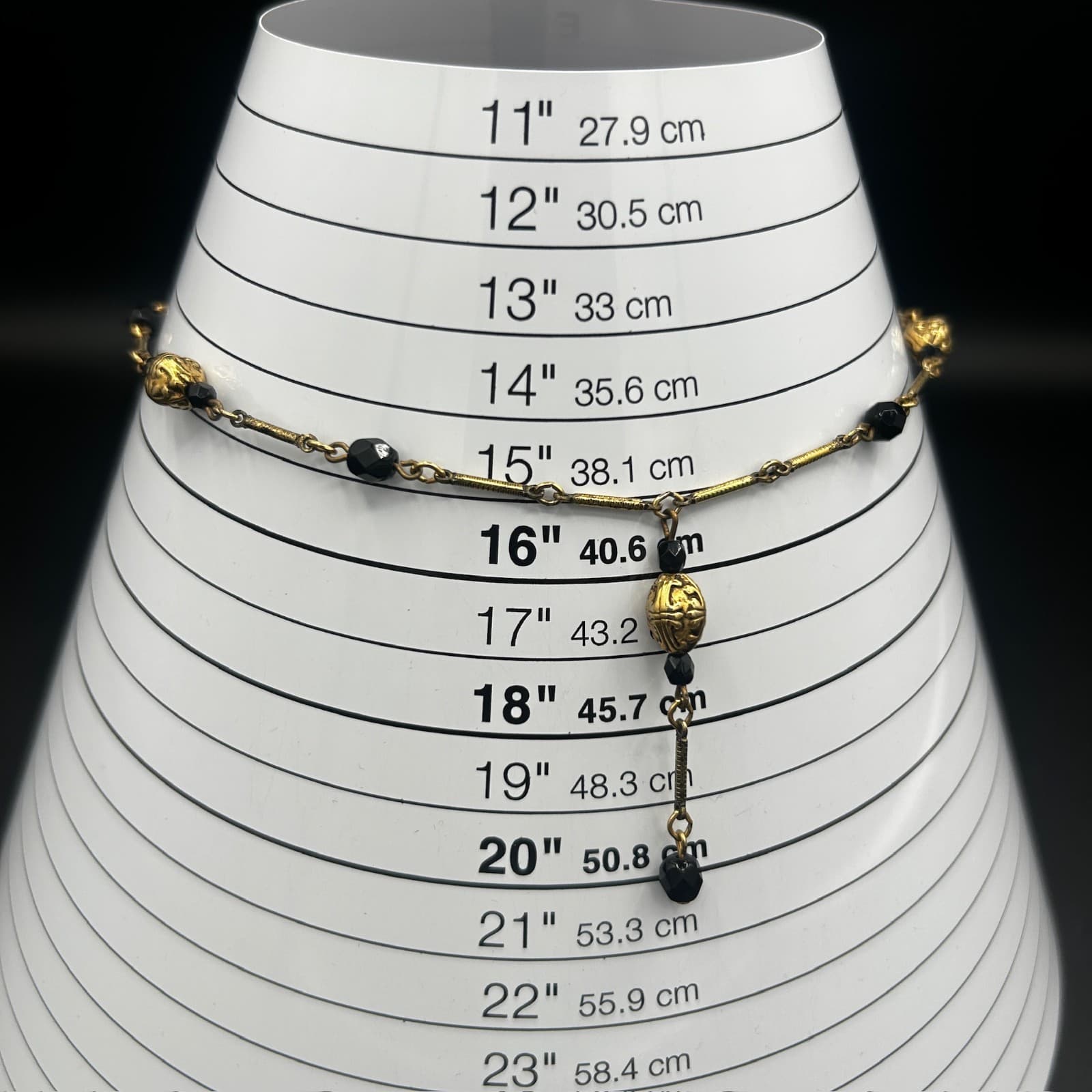 Vintage Gold Black Beaded Y Necklace Elegant Filigree Drop Design 15in - Thumbnail 8