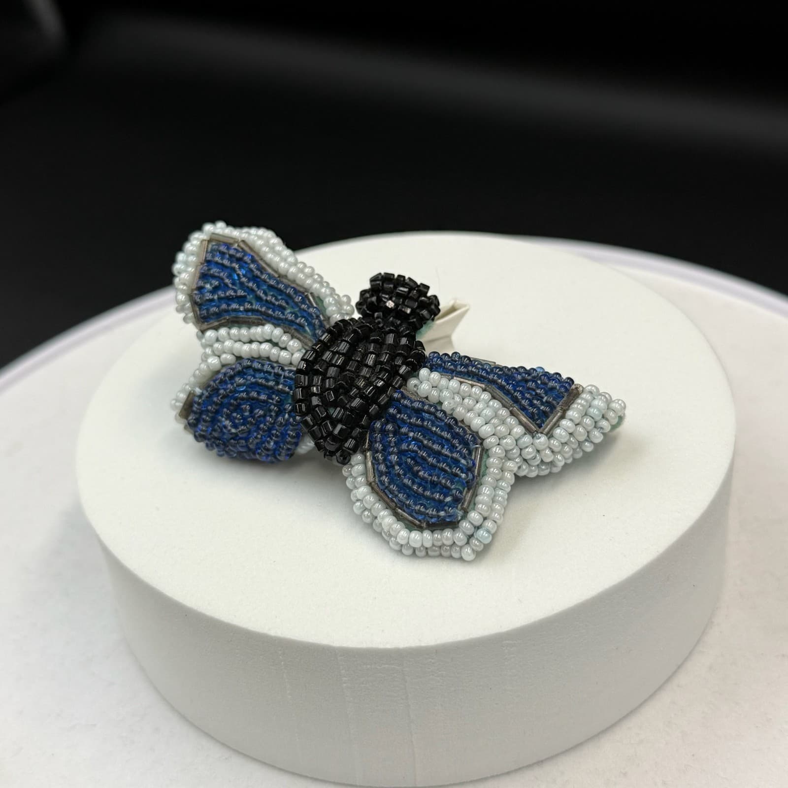 Vintage Blue White Black Beaded Butterfly Insect Fashion Hair Clip Barrette - Thumbnail 2