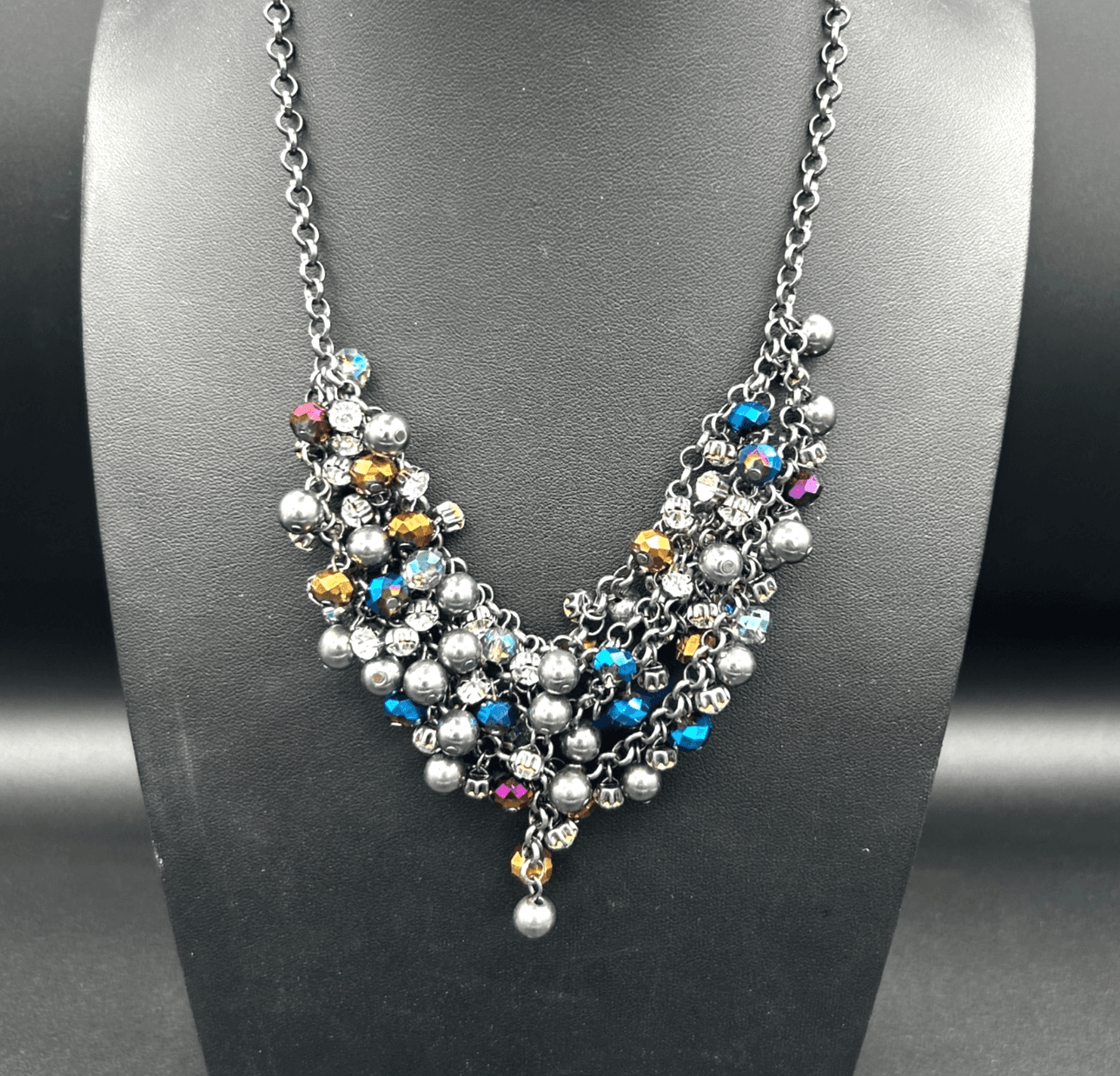 Vintage Gunmetal Cluster Statement Necklace Multicolor Beads 18in - Image 1