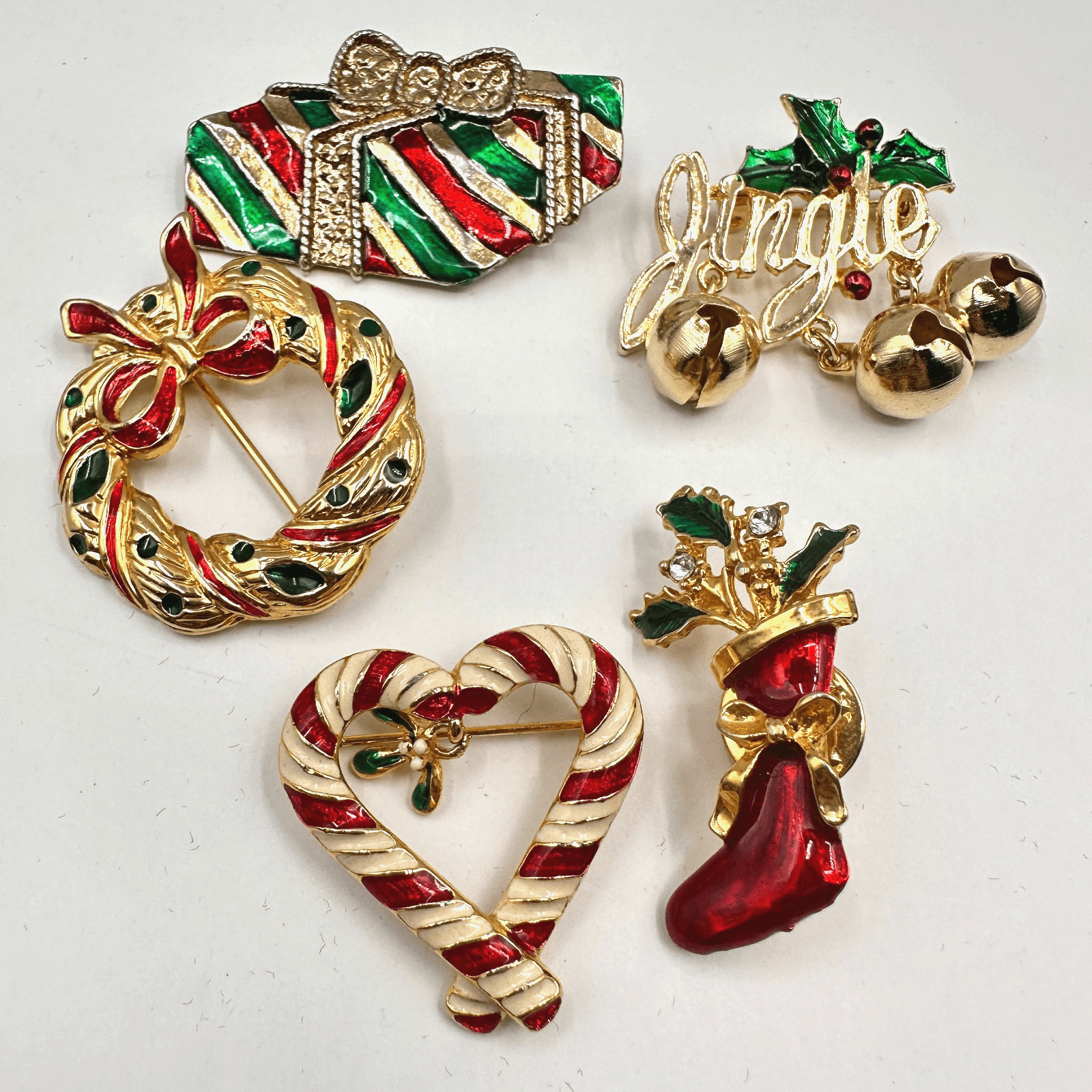 Vintage 80s 90s Christmas Brooch Pins Set Enamel Gold Tone Wreath Bells Heart - Image 1
