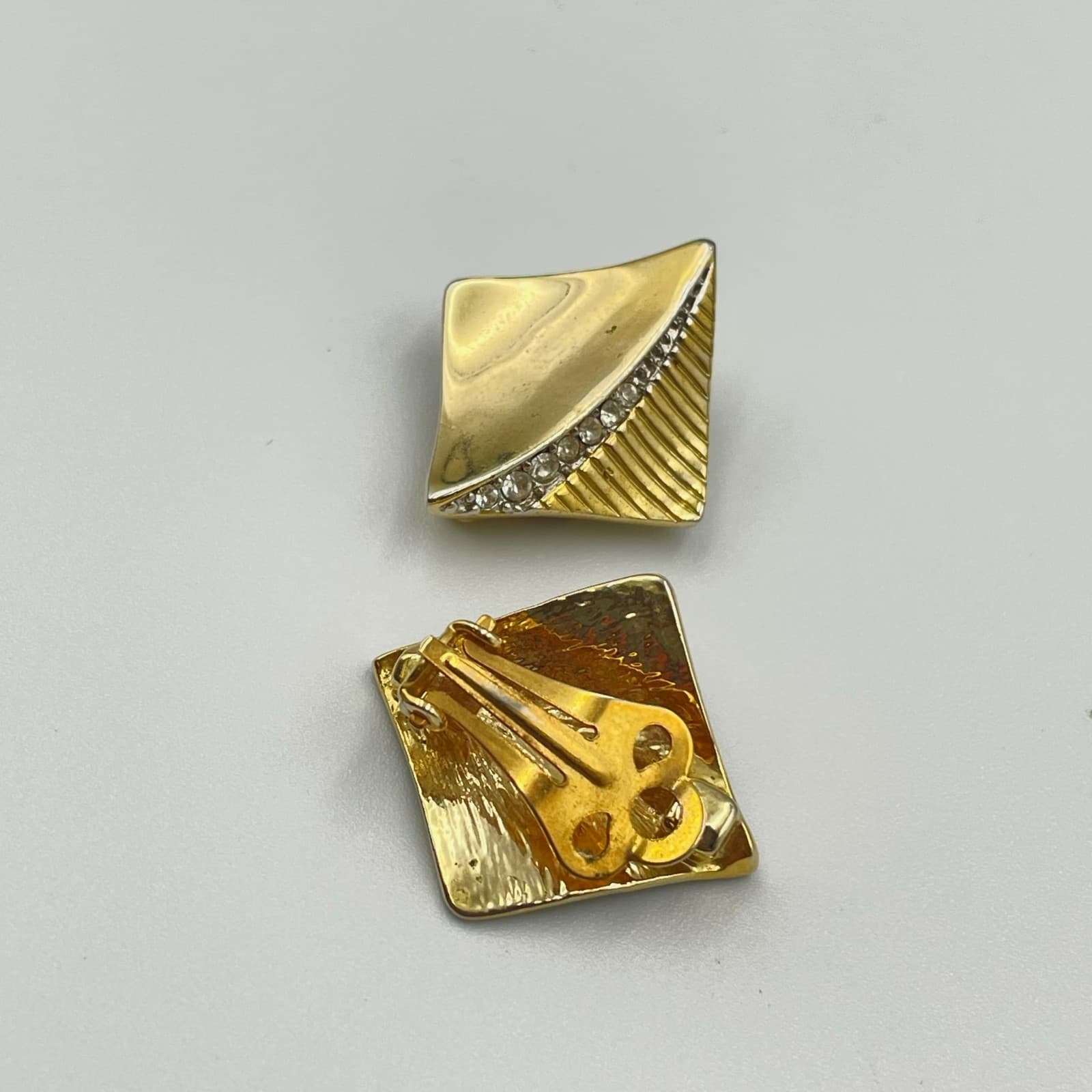 Vintage Gold Tone Square Clip On Earrings Pave Rhinestone Modernist Statement - Thumbnail 6