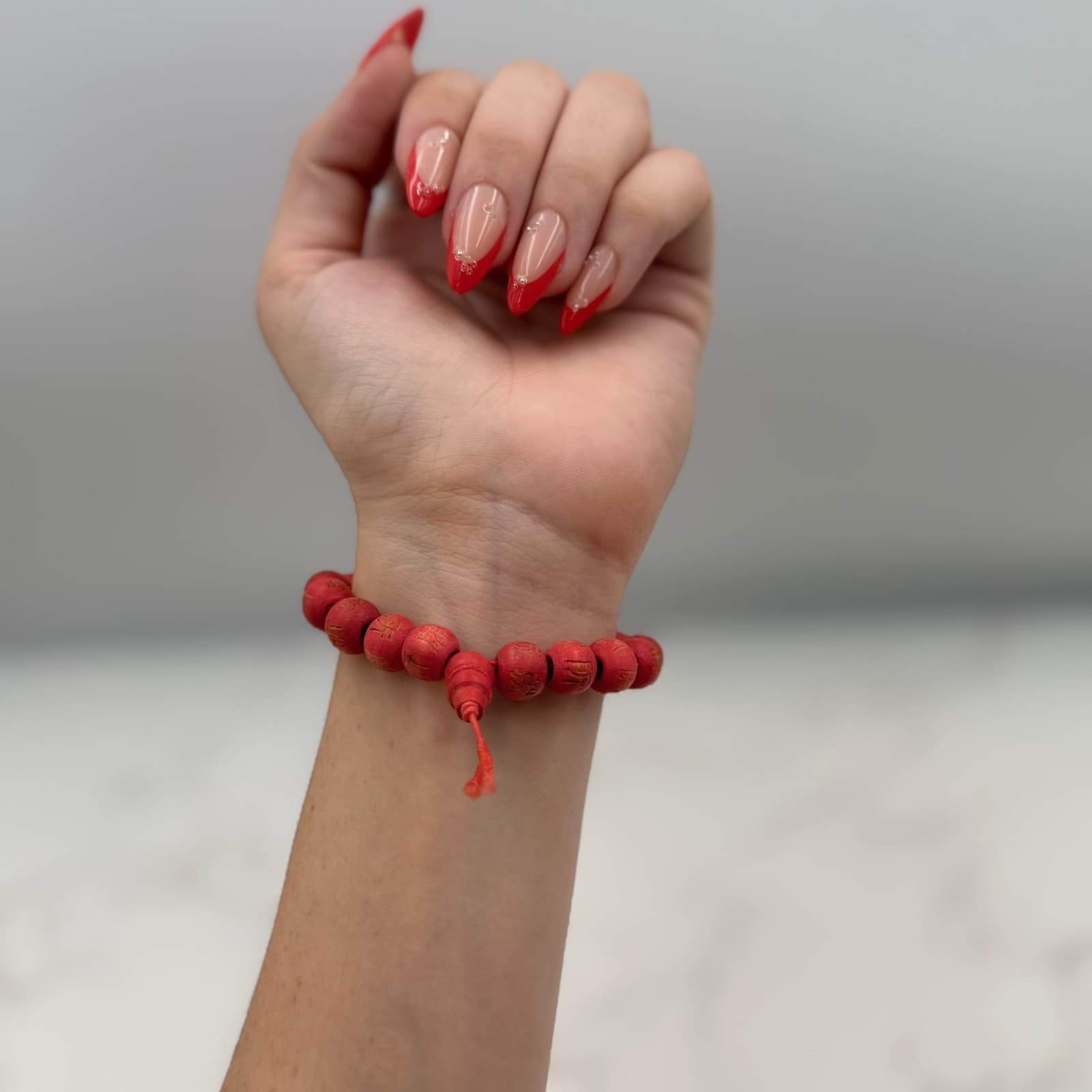 Vintage Handmade Women Red Wooden Stretch Carved Symbols Prayer Bead Fashion - Thumbnail 7
