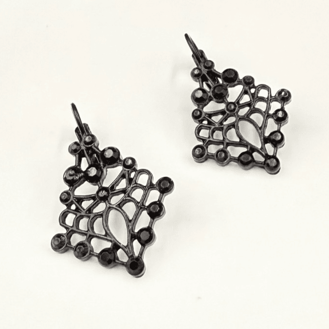 Vintage Contemporary Black Geometric Fashion Deco Style Dangle Post Filigree - Image 1