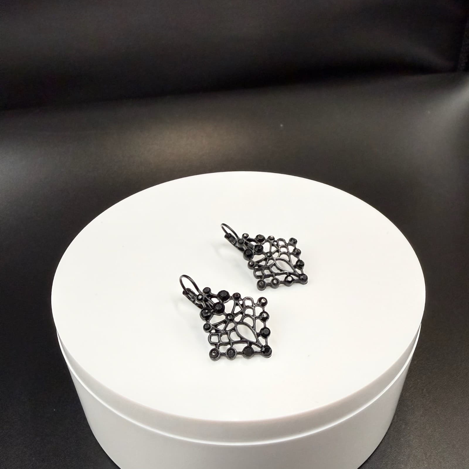 Vintage Contemporary Black Geometric Fashion Deco Style Dangle Post Filigree - Thumbnail 5