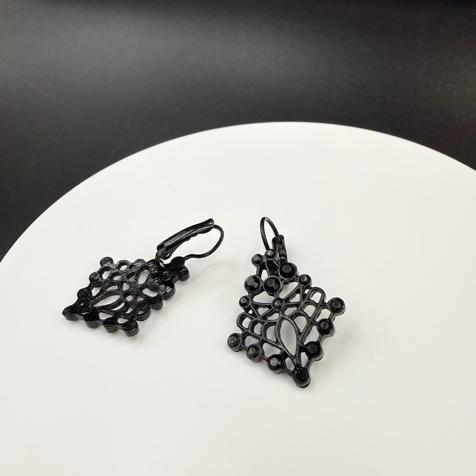 Vintage Contemporary Black Geometric Fashion Deco Style Dangle Post Filigree - Thumbnail 11