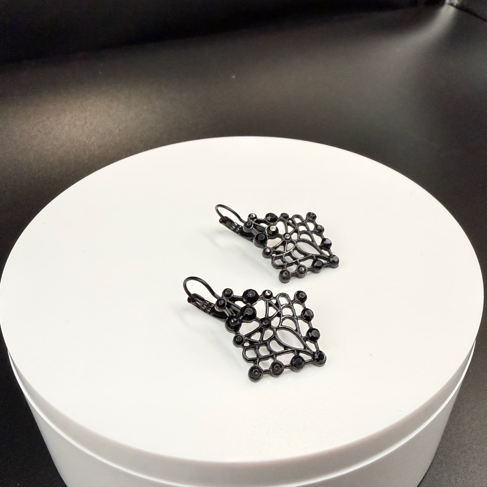 Vintage Contemporary Black Geometric Fashion Deco Style Dangle Post Filigree - Thumbnail 6