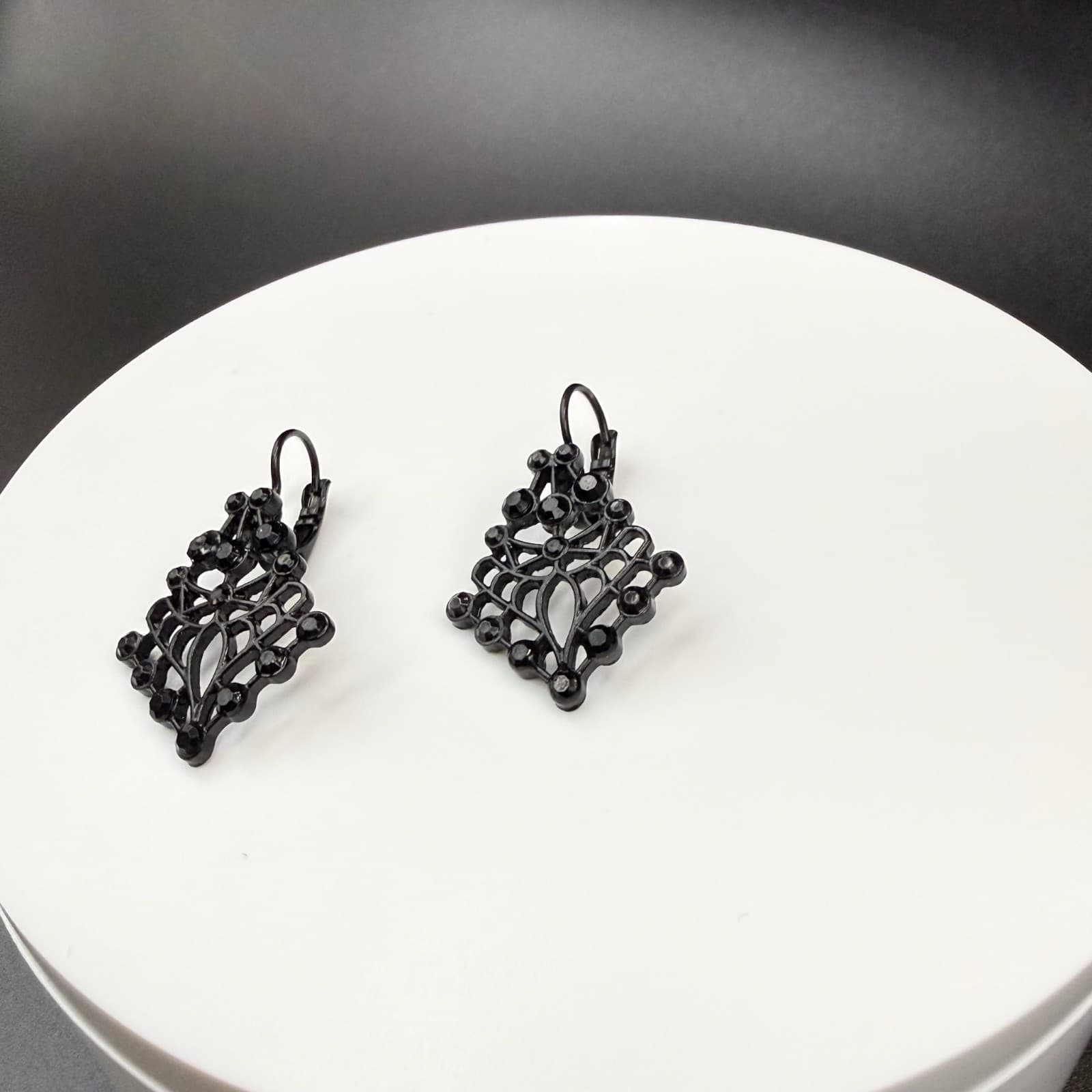 Vintage Contemporary Black Geometric Fashion Deco Style Dangle Post Filigree - Thumbnail 8