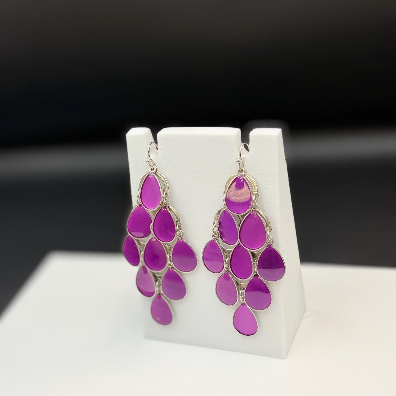 Vintage Purple Opaque Enameled Tear-Drop Retro Chandelier Pierced Earrings - Thumbnail 11