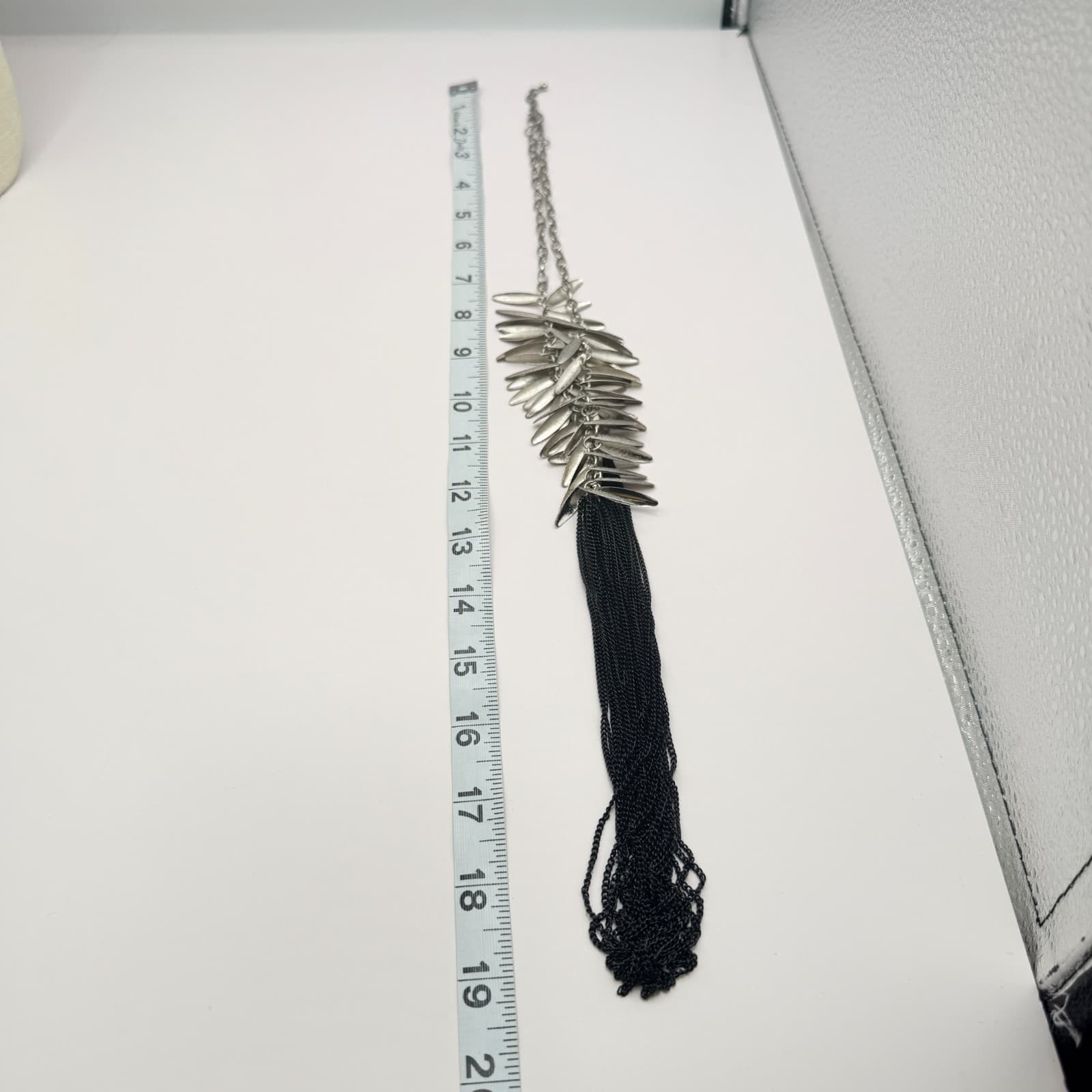 Vintage 90s Silver Tone Multi Strand Tassel Fringe Necklace Black Boho Jewelry - Thumbnail 2