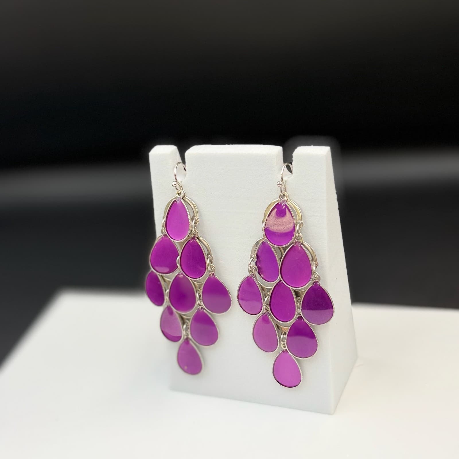 Vintage Purple Opaque Enameled Tear-Drop Retro Chandelier Pierced Earrings - Thumbnail 12