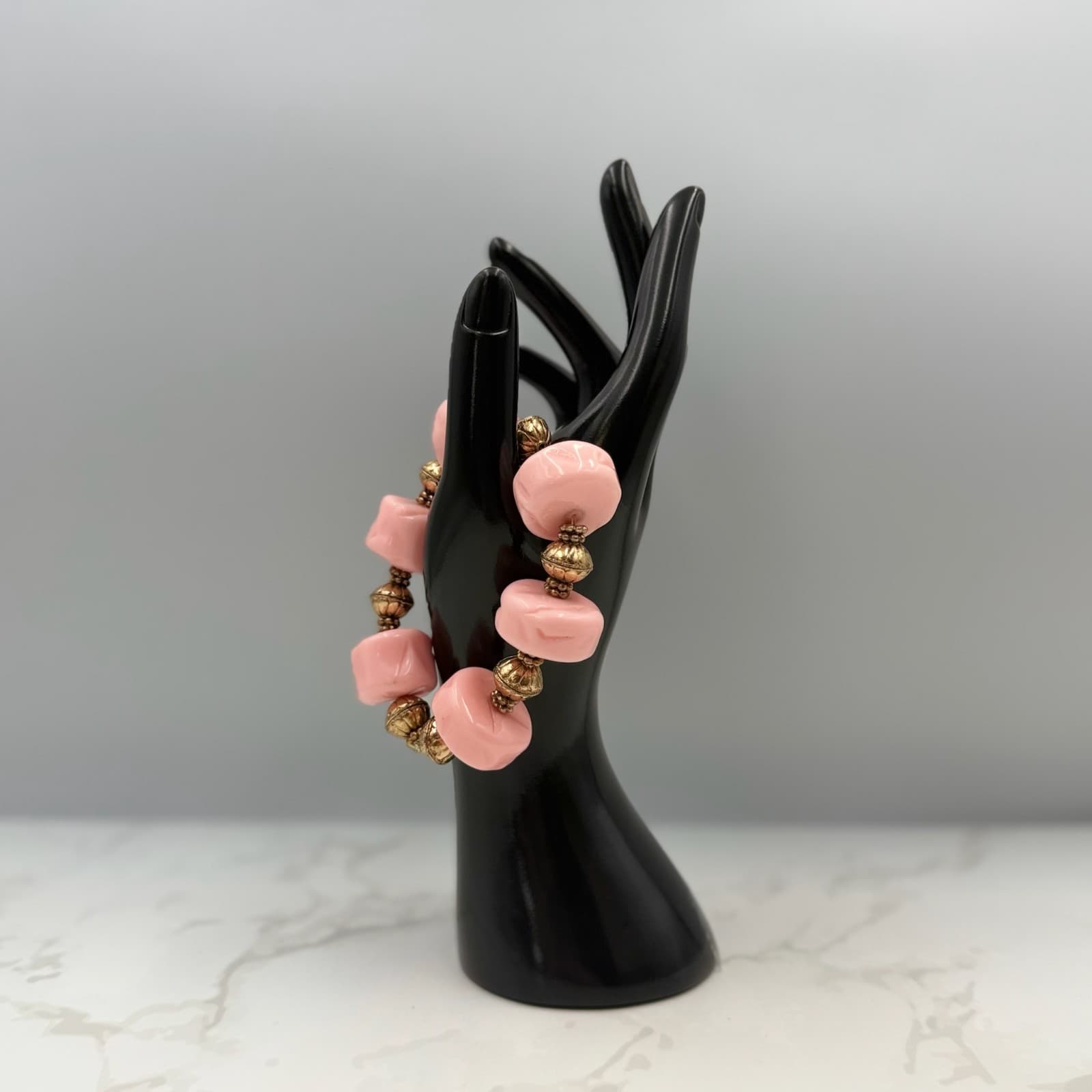 Vintage Handmade Womens Pink Chunky Stretch Gold Spacers Beaded Fashion Bracelet - Thumbnail 2
