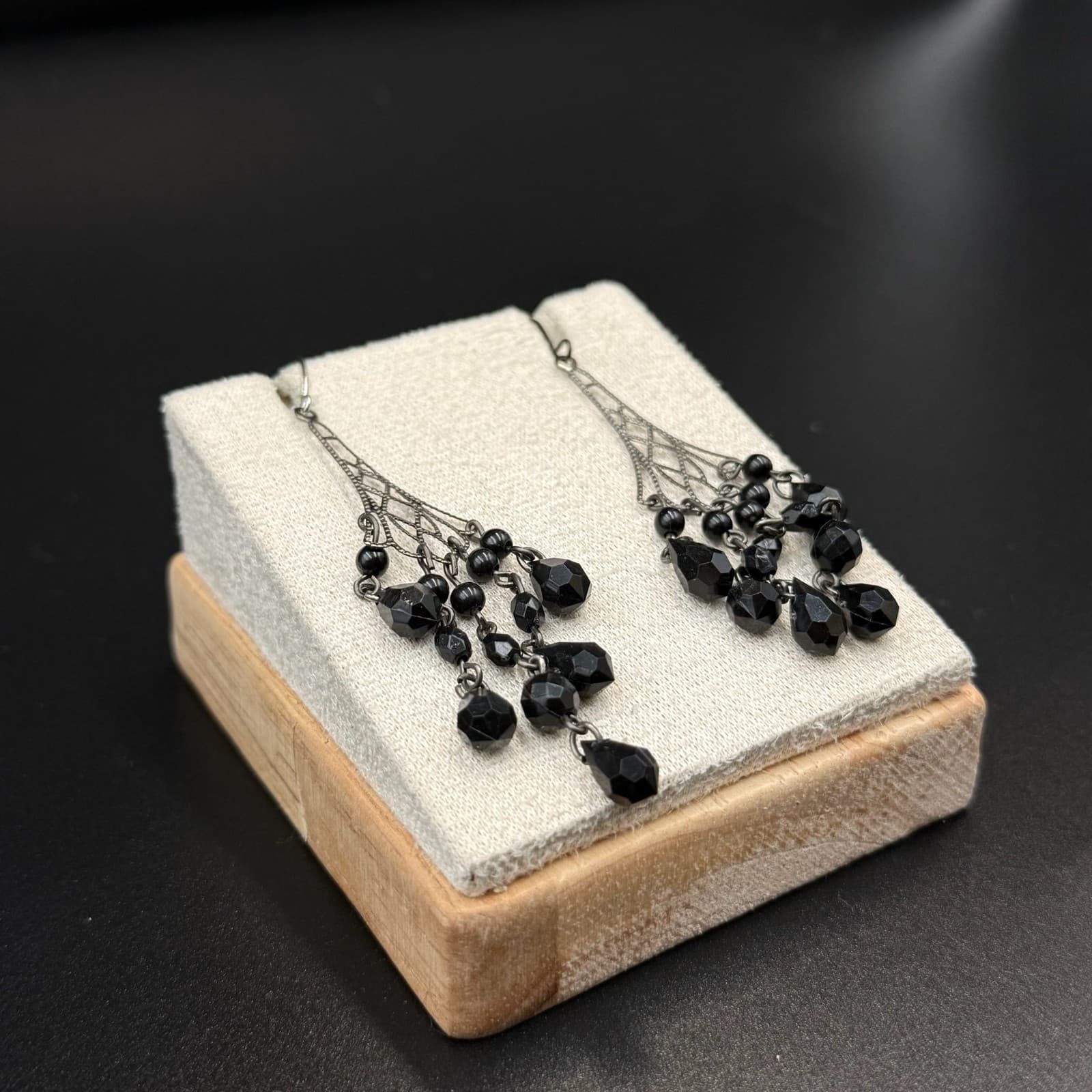 Vintage Chandelier Black Acrylic Beaded Silver-Toned Hook Dangle Earrings - Thumbnail 4