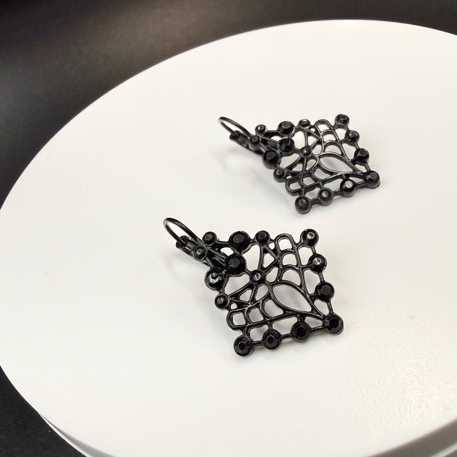 Vintage Contemporary Black Geometric Fashion Deco Style Dangle Post Filigree - Thumbnail 7