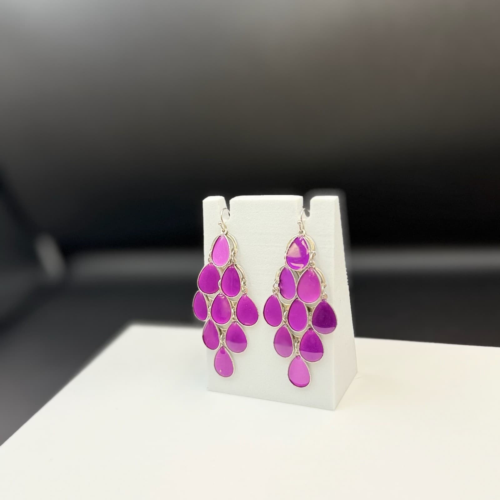 Vintage Purple Opaque Enameled Tear-Drop Retro Chandelier Pierced Earrings - Thumbnail 10