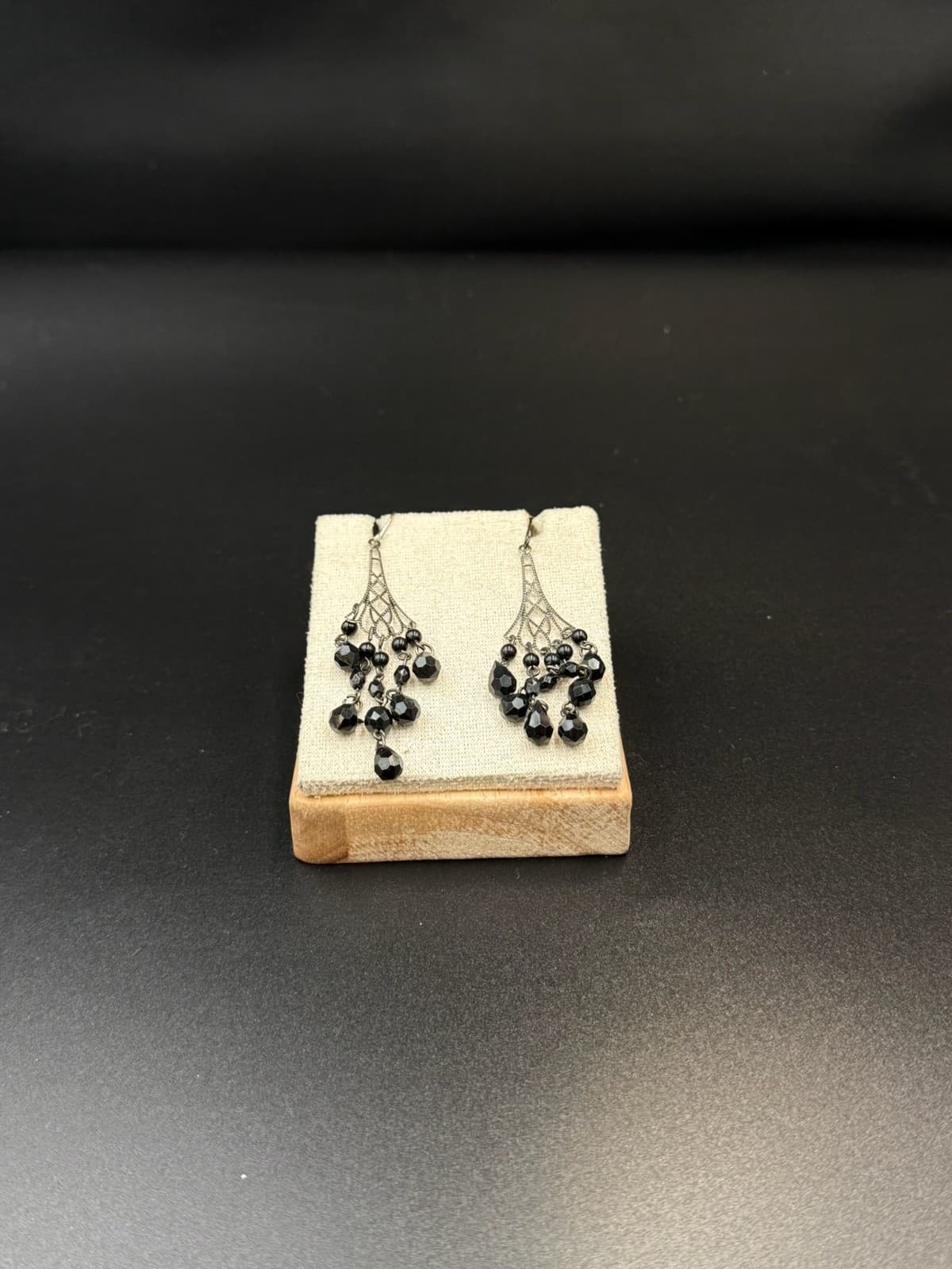 Vintage Chandelier Black Acrylic Beaded Silver-Toned Hook Dangle Earrings - Thumbnail 3