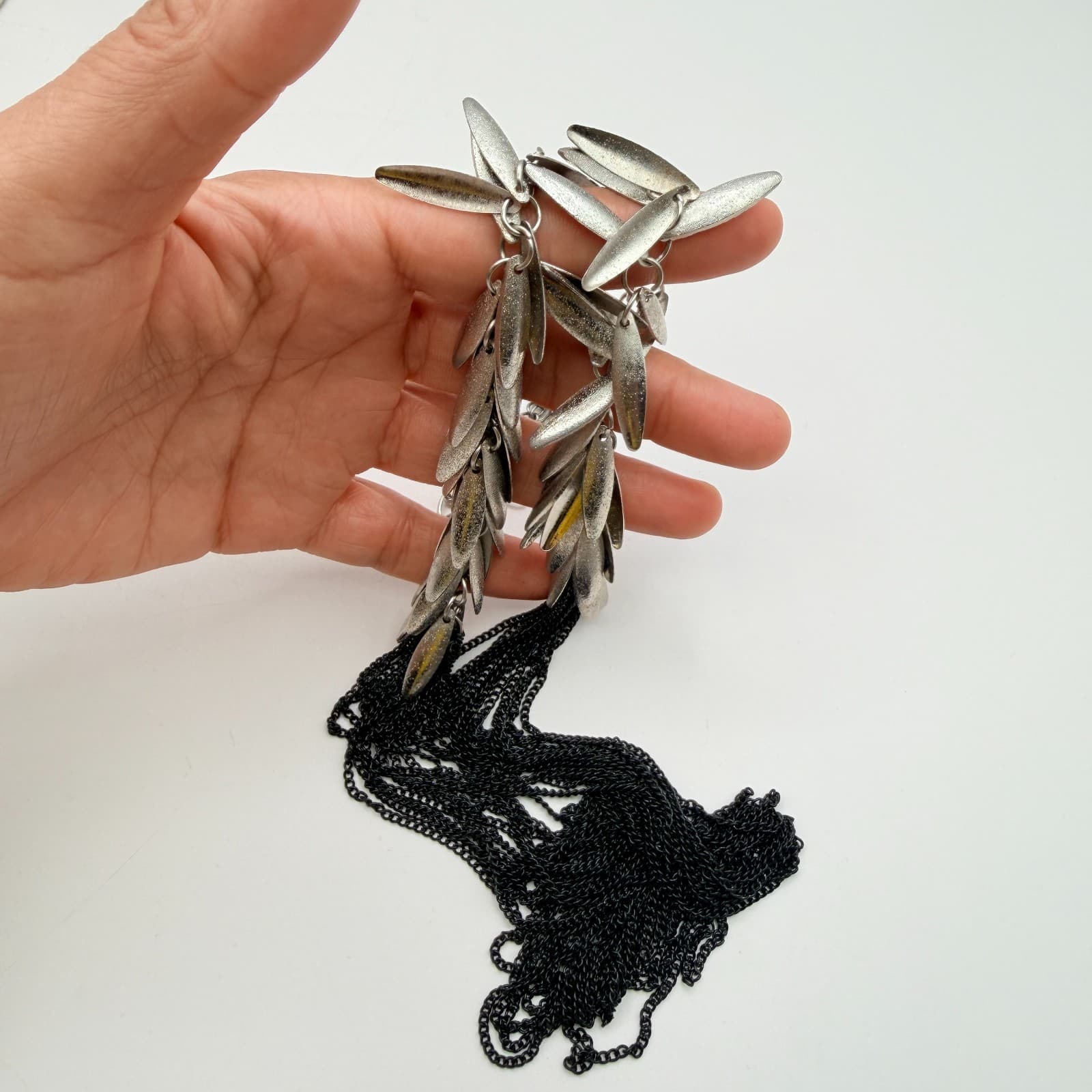 Vintage 90s Silver Tone Multi Strand Tassel Fringe Necklace Black Boho Jewelry - Thumbnail 11