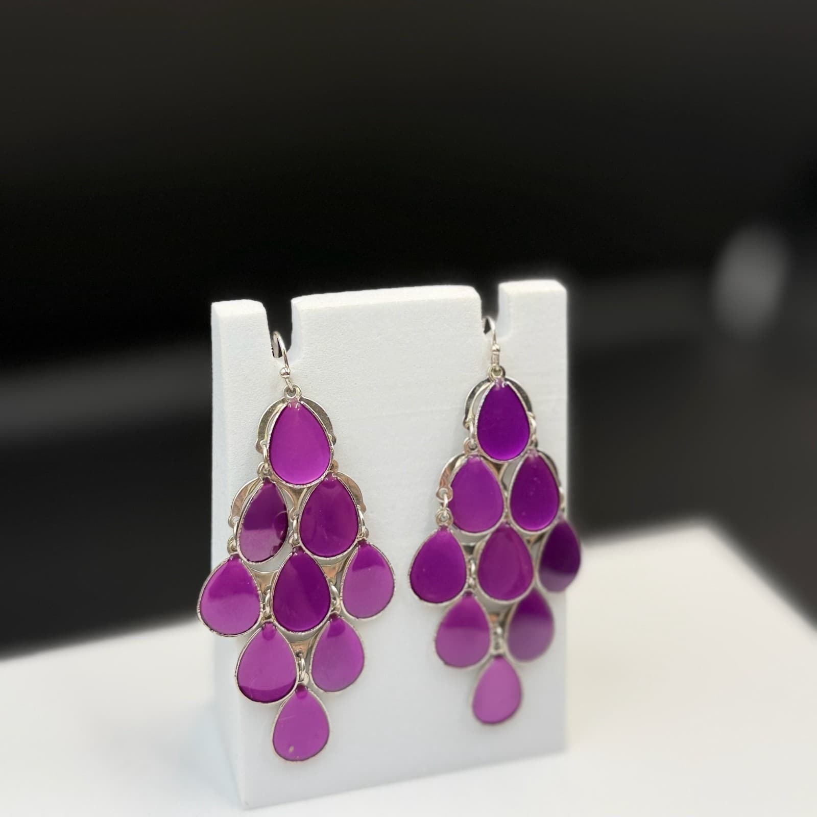 Vintage Purple Opaque Enameled Tear-Drop Retro Chandelier Pierced Earrings - Thumbnail 6