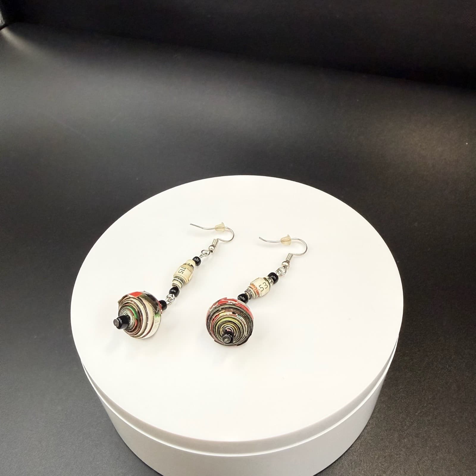 Vintage Multi Colored Bold Classic Dropped Dangle Recycled Paper Bead Earrings - Thumbnail 4