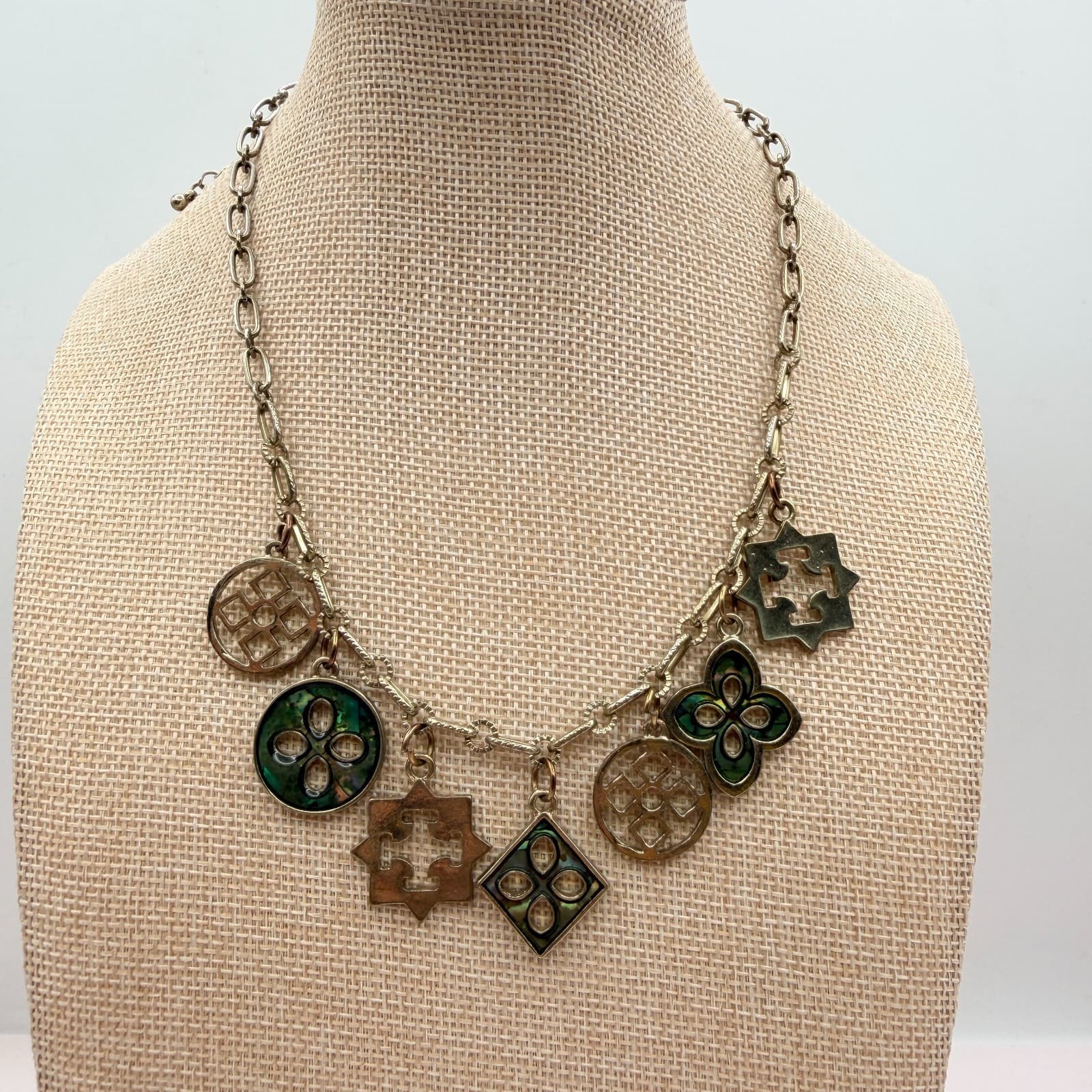 Vintage 90s Gold Tone Green Glass Abalone Charm Necklace Geometric Boho Jewelry - Thumbnail 2