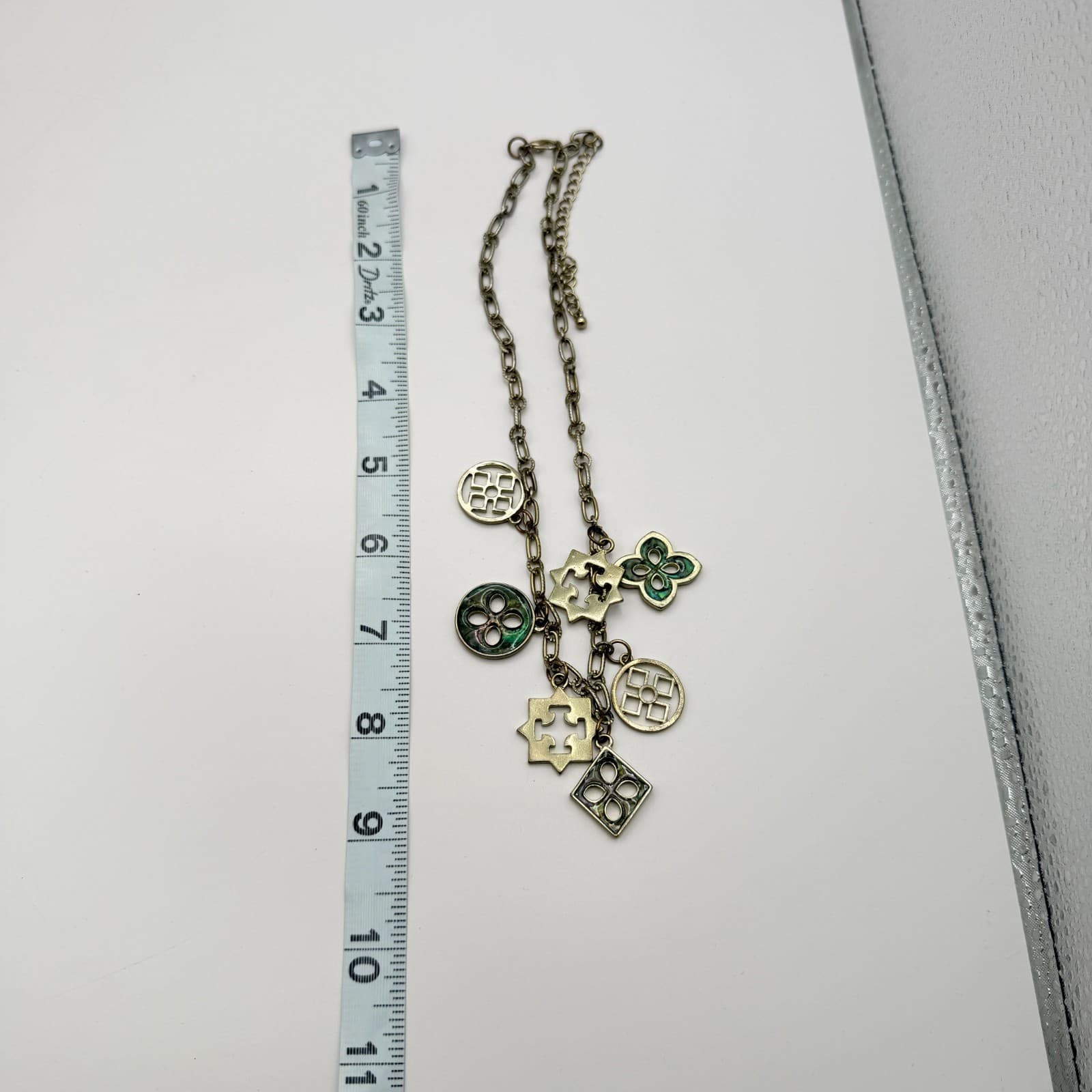 Vintage 90s Gold Tone Green Glass Abalone Charm Necklace Geometric Boho Jewelry - Thumbnail 9