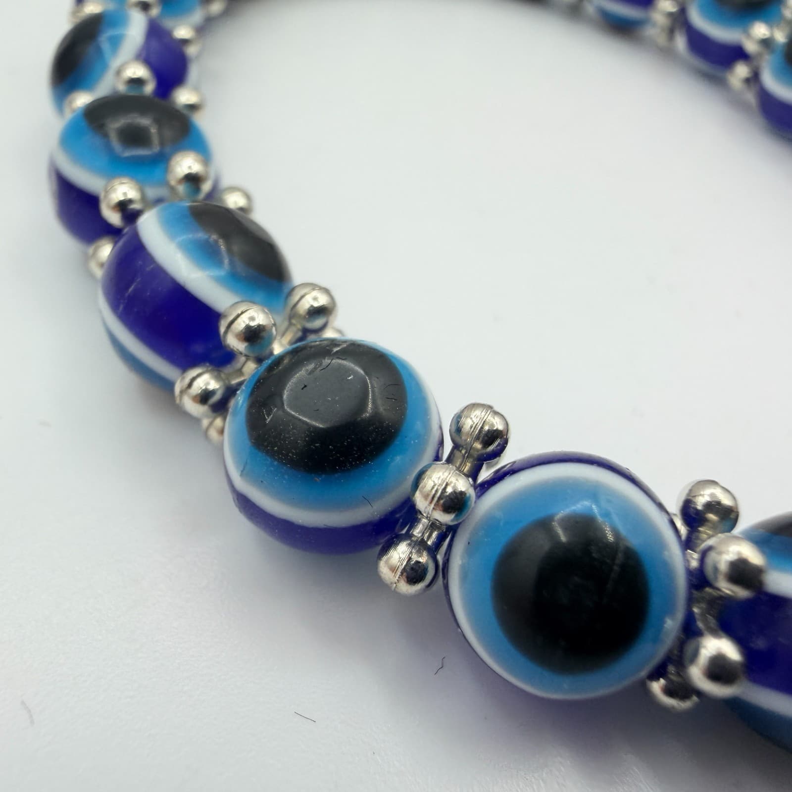 Vintage 90s Silver Tone Evil Eye Beaded Bracelet Elephant Charm Women's Jewelry - Thumbnail 5