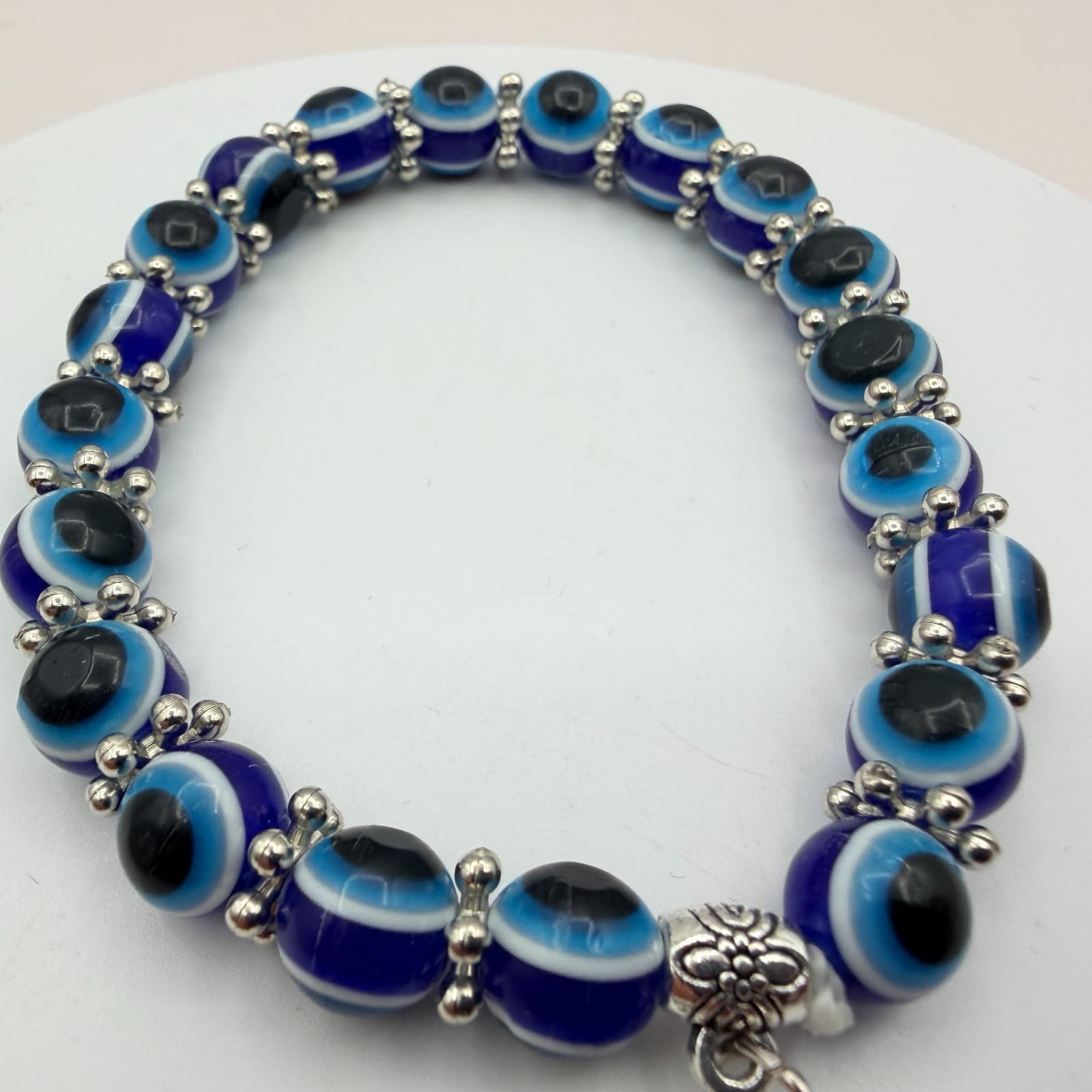 Vintage 90s Silver Tone Evil Eye Beaded Bracelet Elephant Charm Women's Jewelry - Thumbnail 4