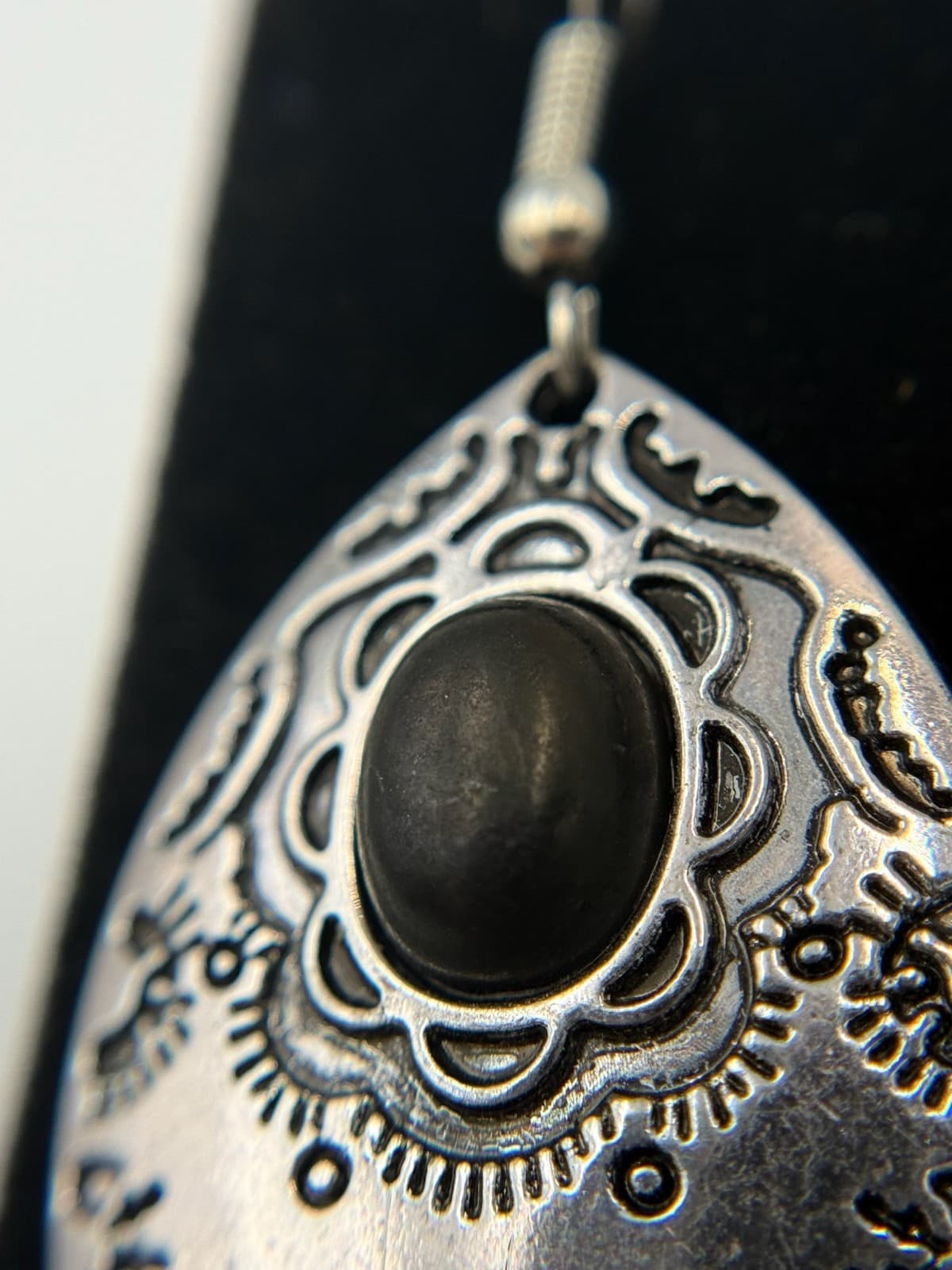 Vintage Ethnic Black Onyx Stone Silver-Toned Fashion Hook Dangle Earrings - Thumbnail 5