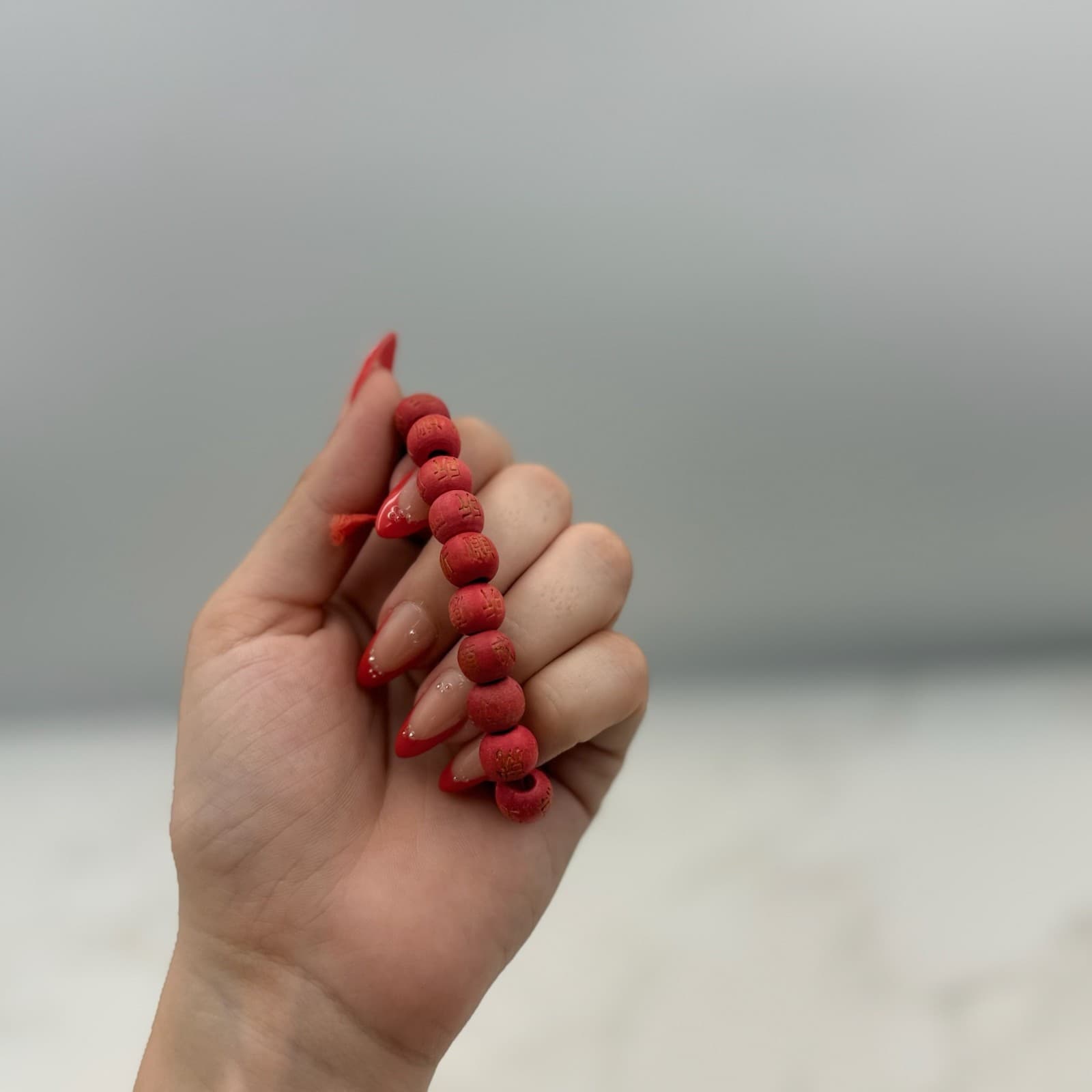 Vintage Handmade Women Red Wooden Stretch Carved Symbols Prayer Bead Fashion - Thumbnail 8