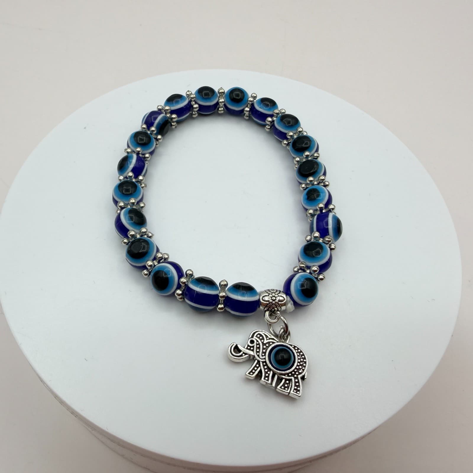 Vintage 90s Silver Tone Evil Eye Beaded Bracelet Elephant Charm Women's Jewelry - Thumbnail 2