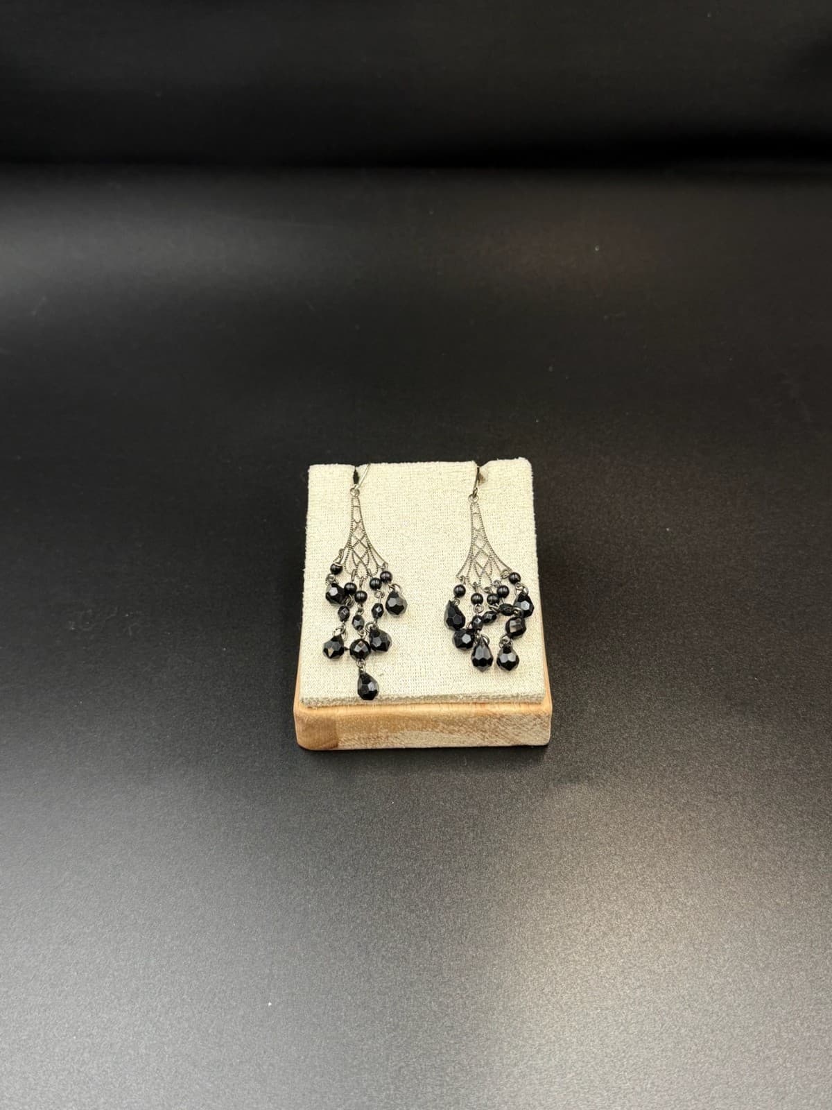 Vintage Chandelier Black Acrylic Beaded Silver-Toned Hook Dangle Earrings - Thumbnail 2