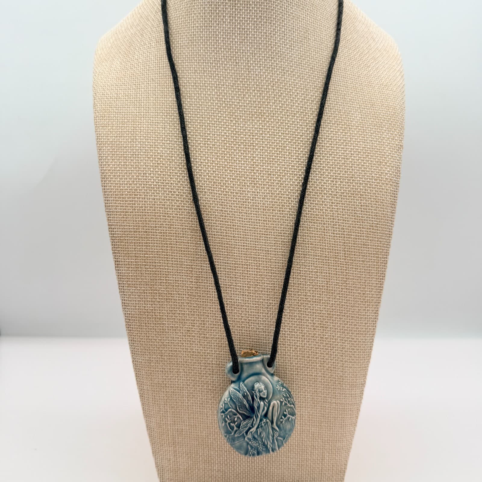 Vintage 90s Blue Ceramic Fairy Perfume Bottle Pendant Necklace Boho Pottery Cord - Thumbnail 6