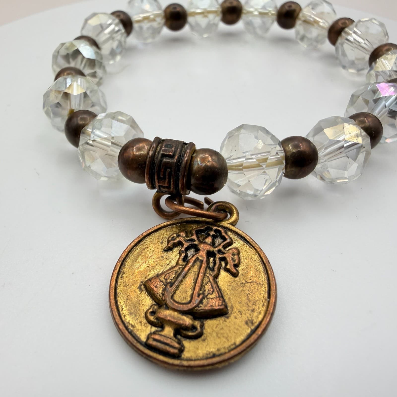 Vintage 80s Clear Beaded Stretch Bracelet Bronze Saint Medal Charm Retro Jewelry - Thumbnail 3