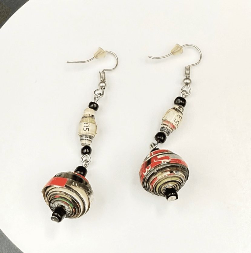 Vintage Multi Colored Bold Classic Dropped Dangle Recycled Paper Bead Earrings - Image 1