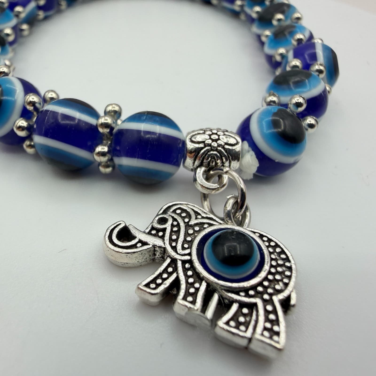 Vintage 90s Silver Tone Evil Eye Beaded Bracelet Elephant Charm Women's Jewelry - Thumbnail 3