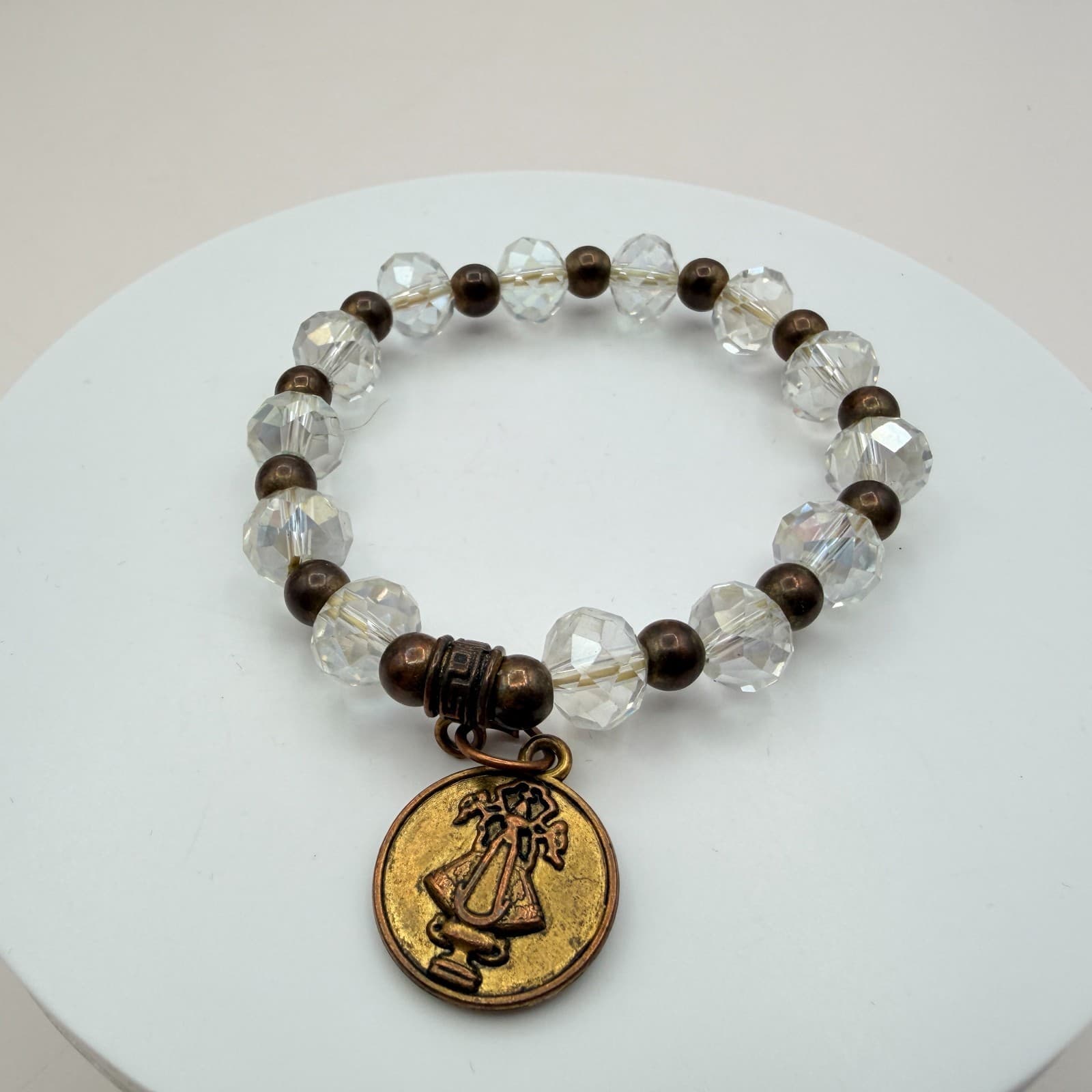 Vintage 80s Clear Beaded Stretch Bracelet Bronze Saint Medal Charm Retro Jewelry - Thumbnail 4