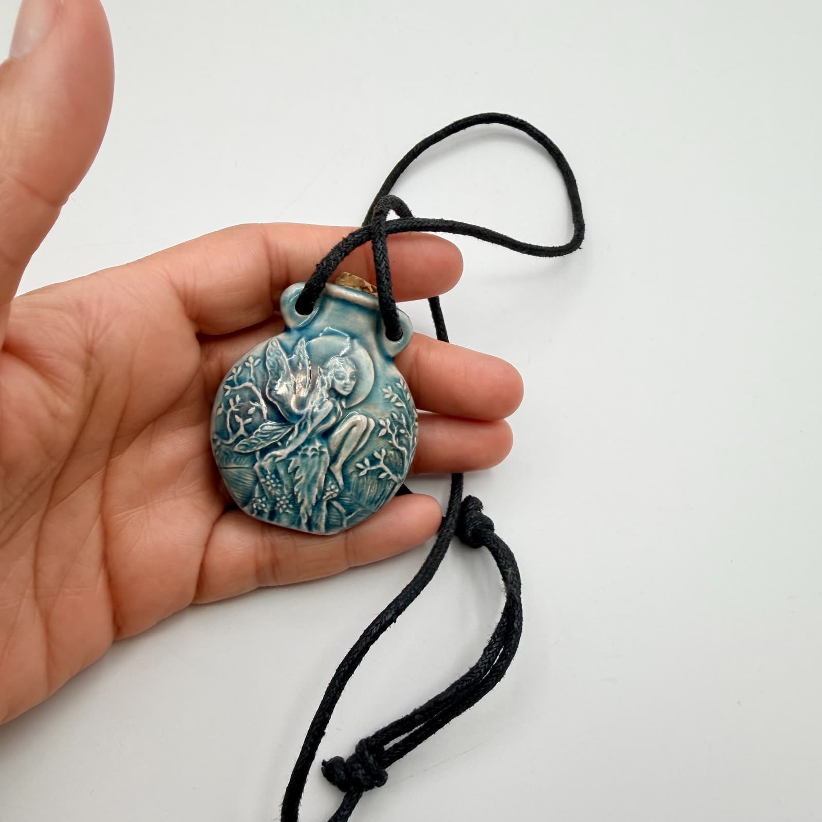 Vintage 90s Blue Ceramic Fairy Perfume Bottle Pendant Necklace Boho Pottery Cord - Thumbnail 7