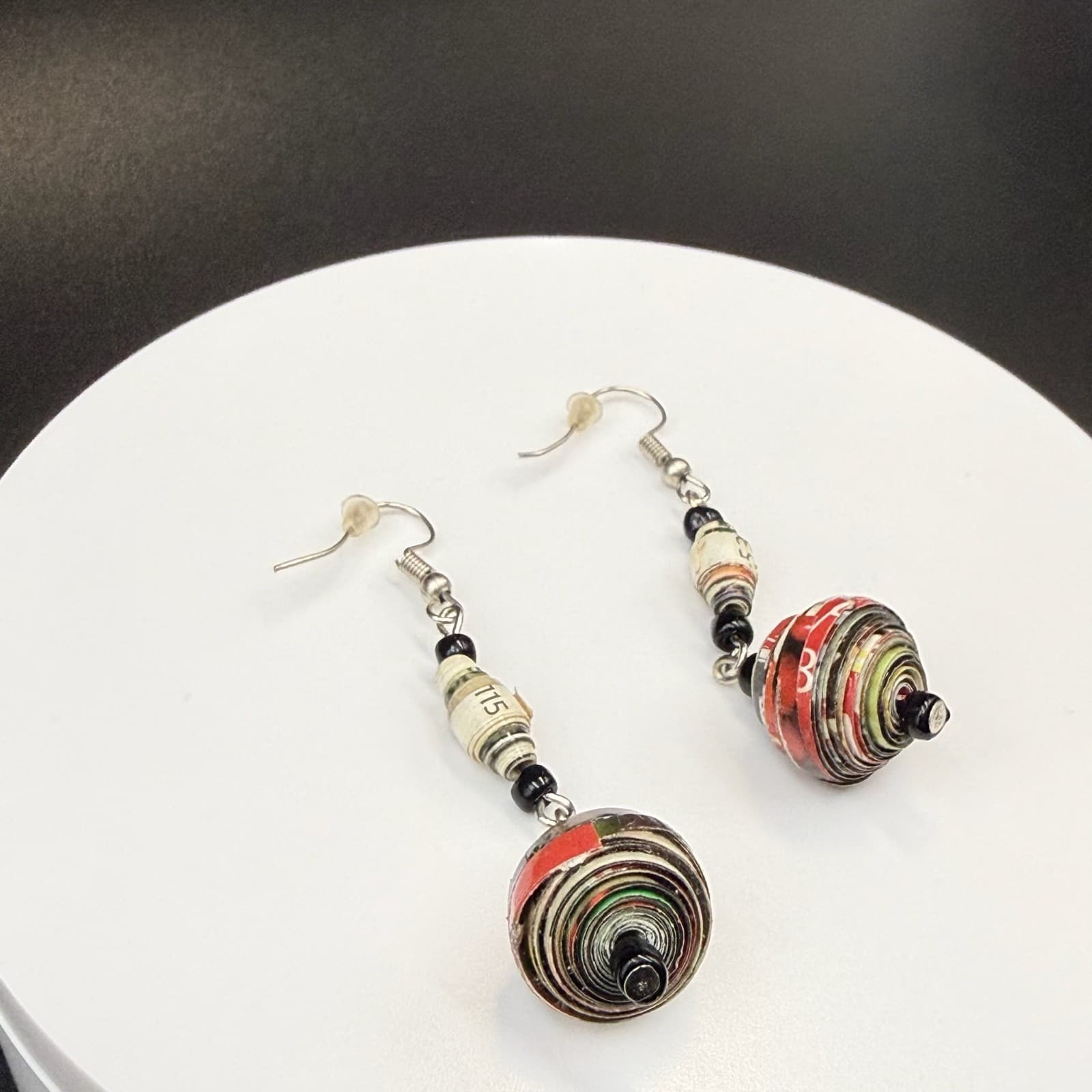 Vintage Multi Colored Bold Classic Dropped Dangle Recycled Paper Bead Earrings - Thumbnail 6