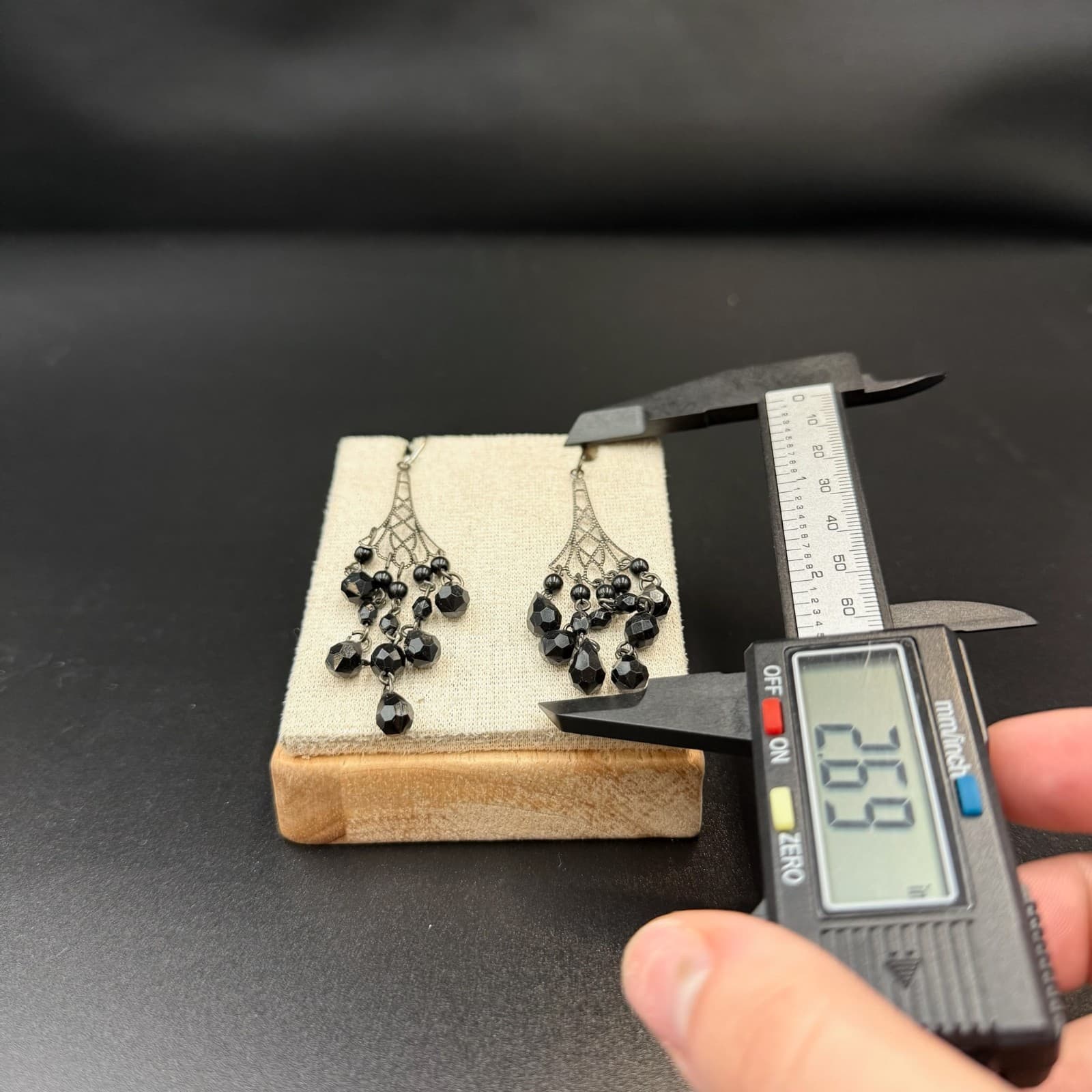 Vintage Chandelier Black Acrylic Beaded Silver-Toned Hook Dangle Earrings - Thumbnail 5