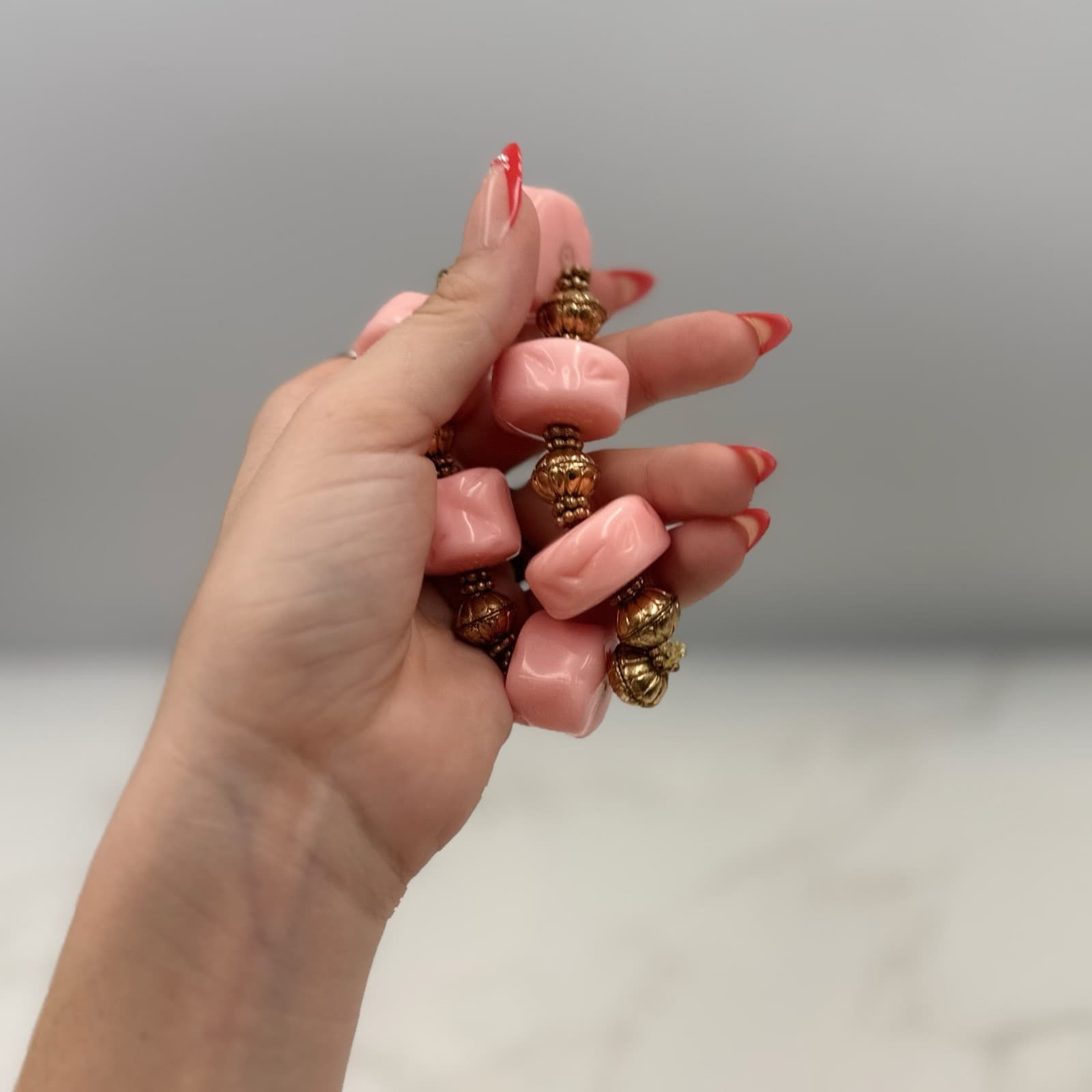 Vintage Handmade Womens Pink Chunky Stretch Gold Spacers Beaded Fashion Bracelet - Thumbnail 5