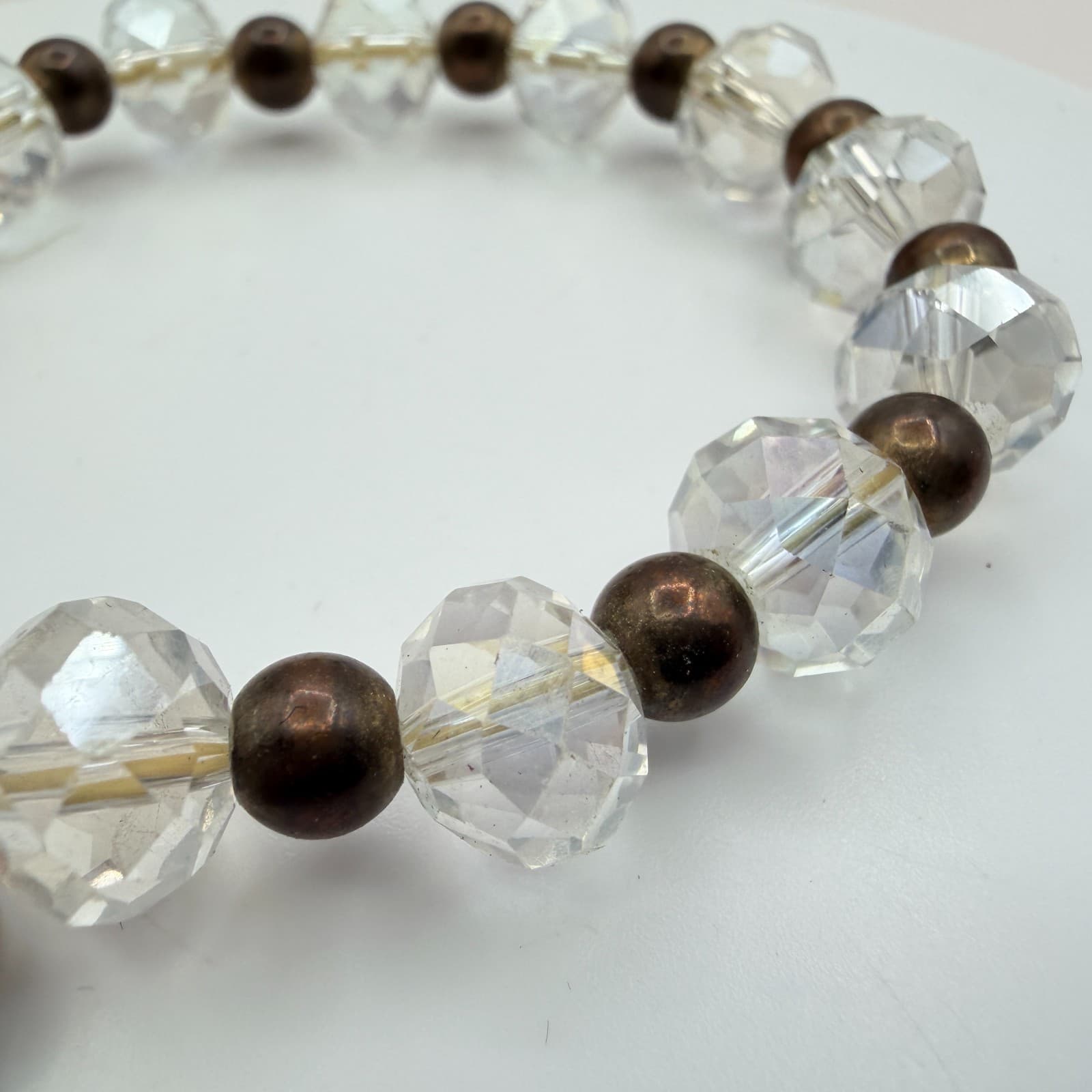 Vintage 80s Clear Beaded Stretch Bracelet Bronze Saint Medal Charm Retro Jewelry - Thumbnail 6