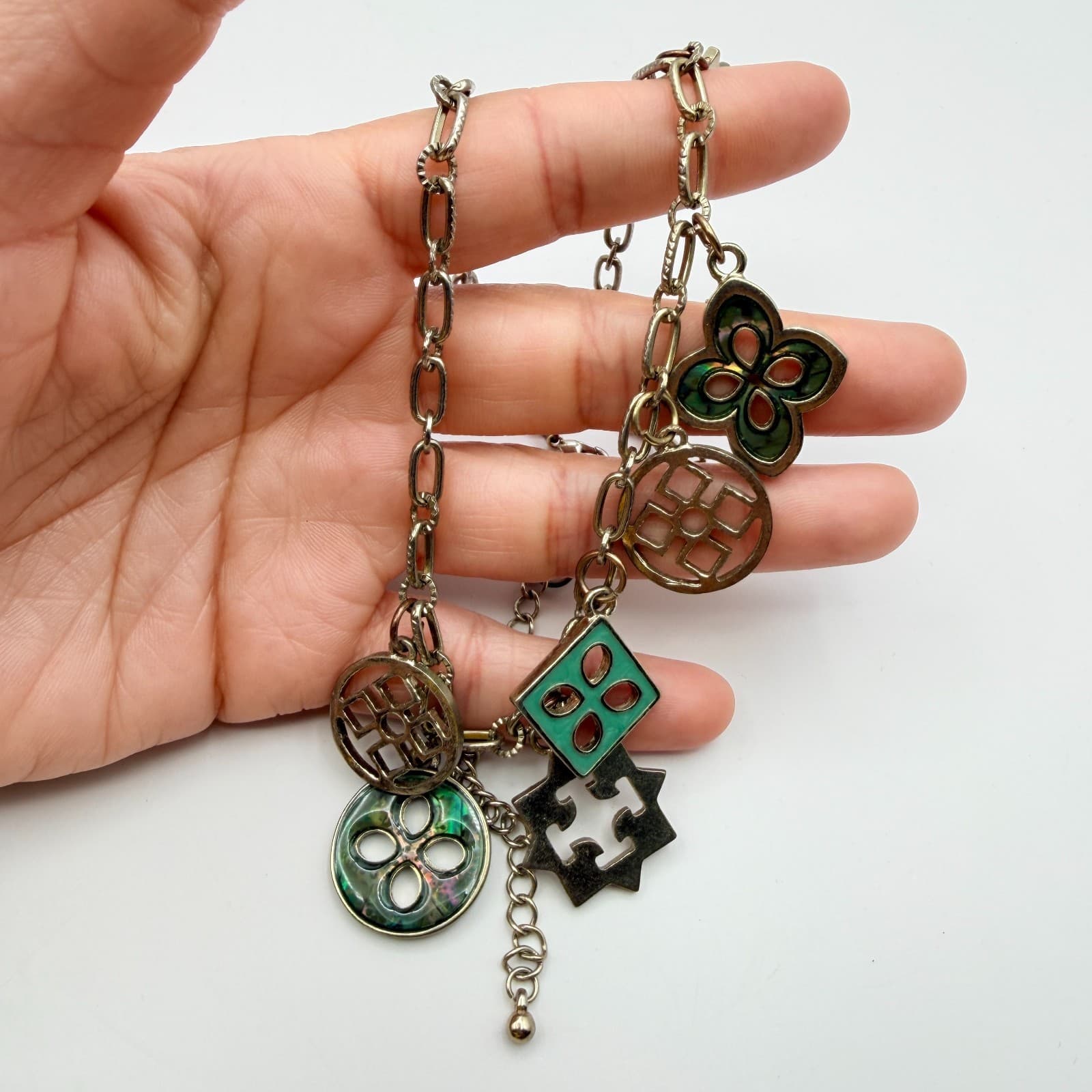 Vintage 90s Gold Tone Green Glass Abalone Charm Necklace Geometric Boho Jewelry - Thumbnail 8