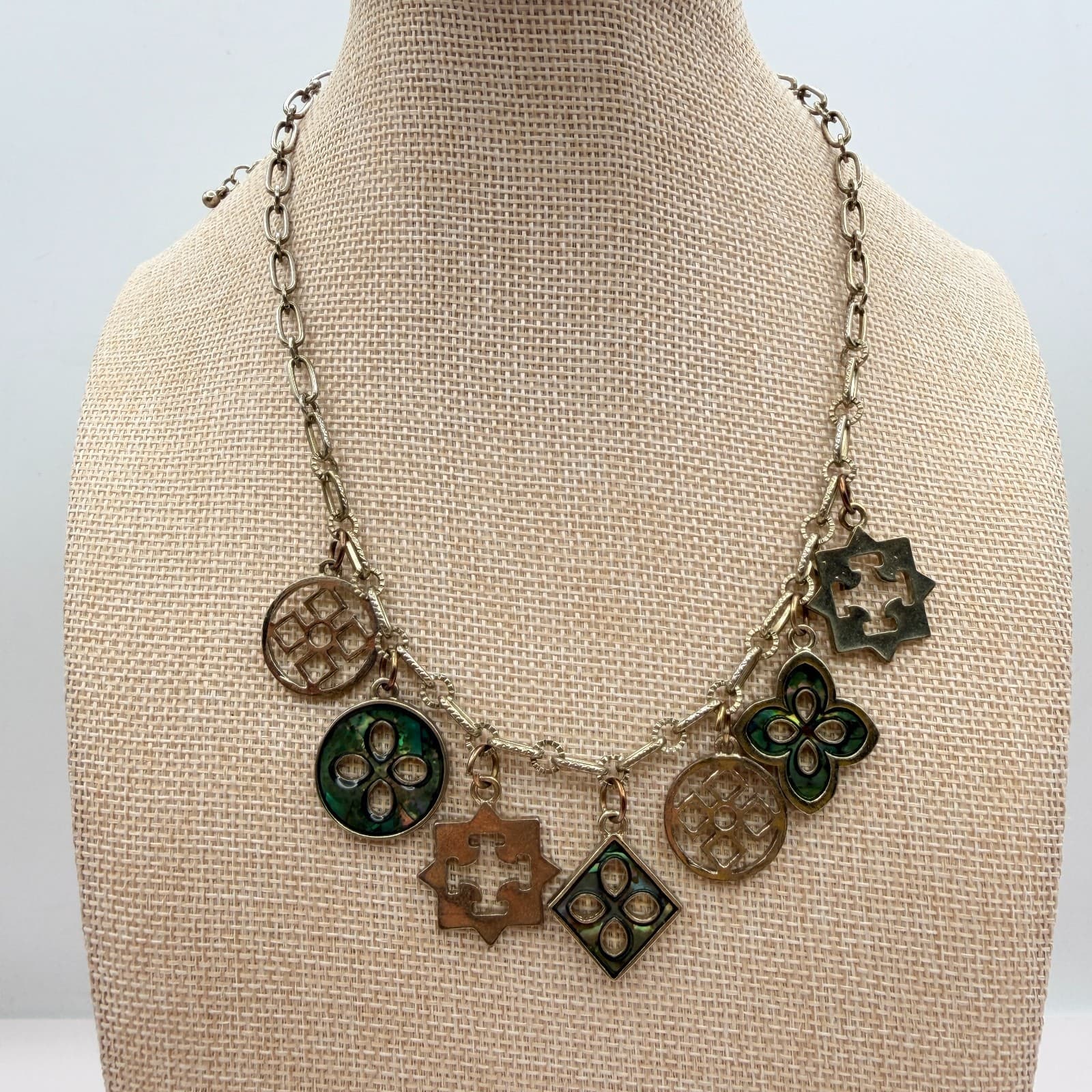 Vintage 90s Gold Tone Green Glass Abalone Charm Necklace Geometric Boho Jewelry - Thumbnail 6