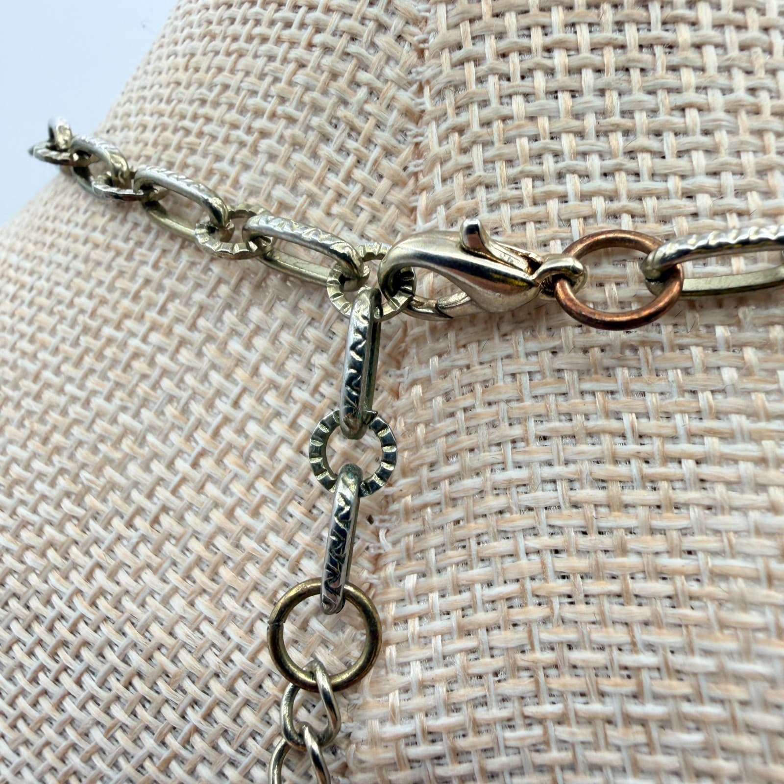 Vintage 90s Gold Tone Green Glass Abalone Charm Necklace Geometric Boho Jewelry - Thumbnail 7