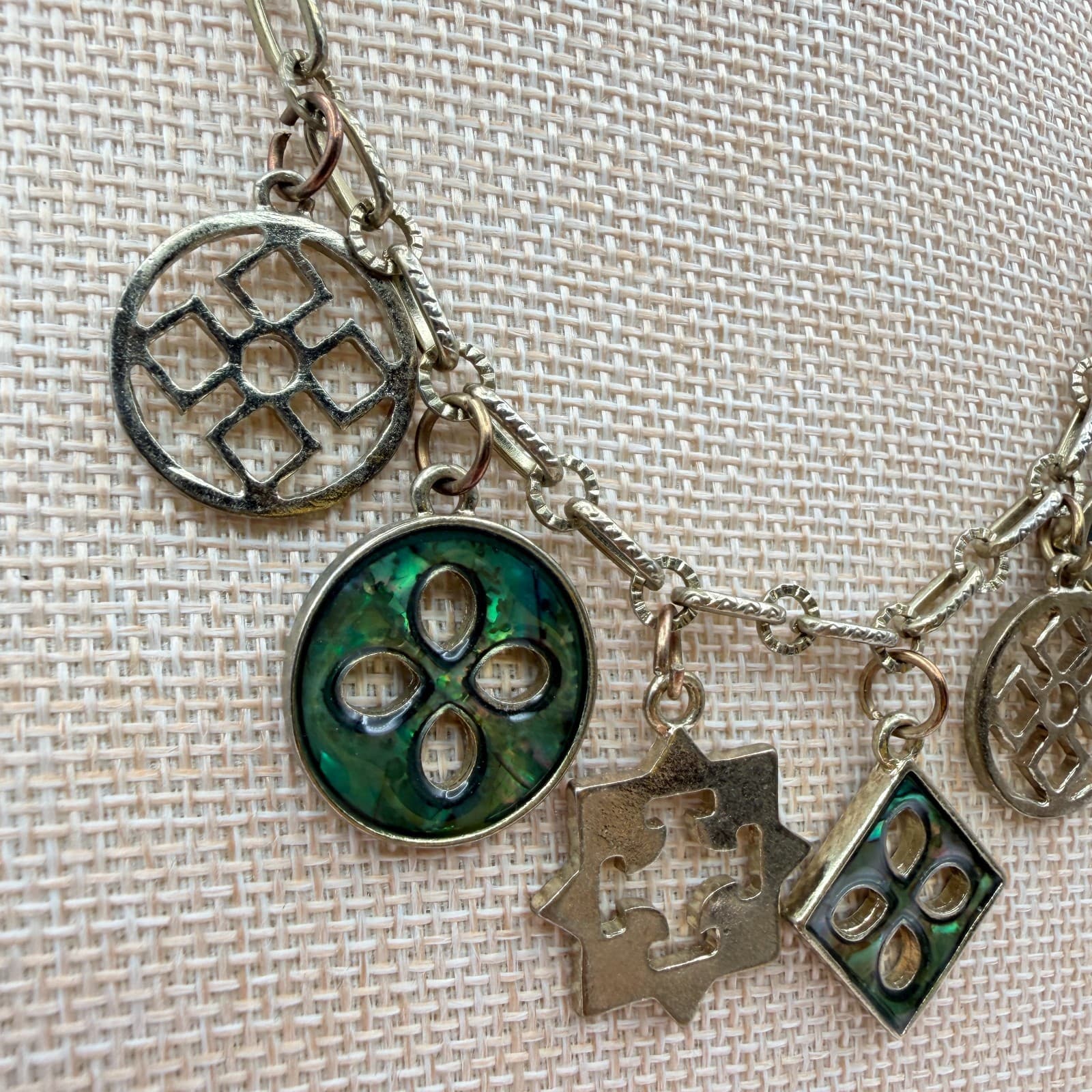 Vintage 90s Gold Tone Green Glass Abalone Charm Necklace Geometric Boho Jewelry - Thumbnail 3