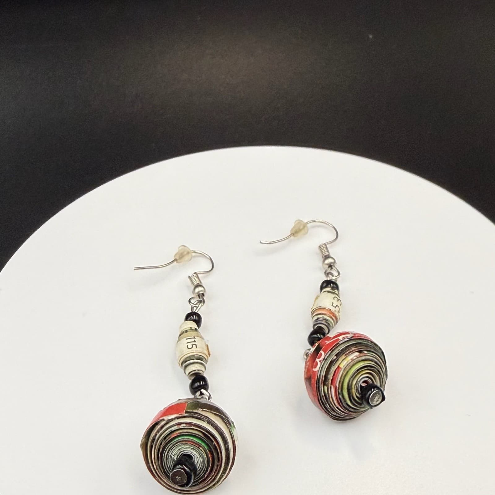 Vintage Multi Colored Bold Classic Dropped Dangle Recycled Paper Bead Earrings - Thumbnail 7