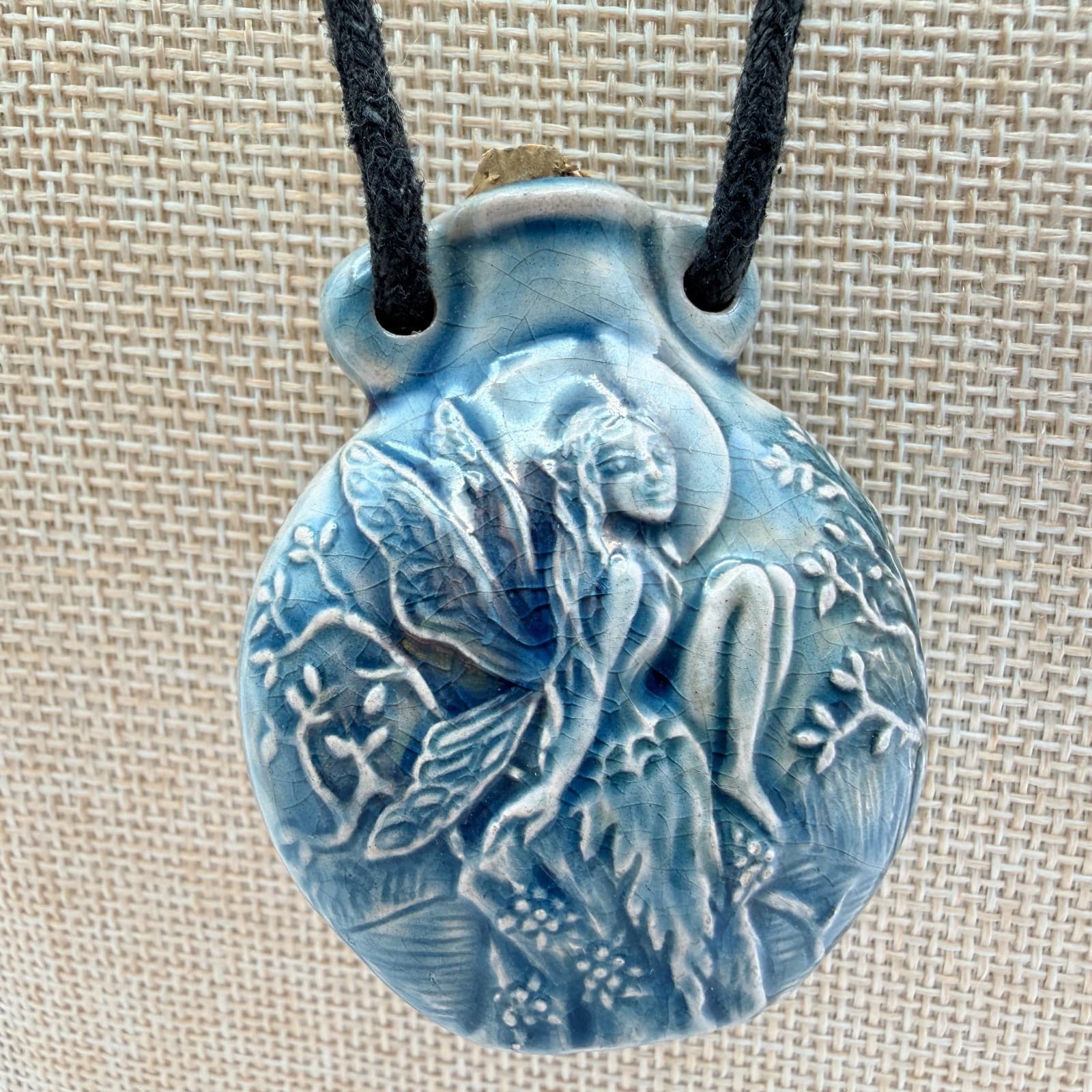 Vintage 90s Blue Ceramic Fairy Perfume Bottle Pendant Necklace Boho Pottery Cord - Image 1